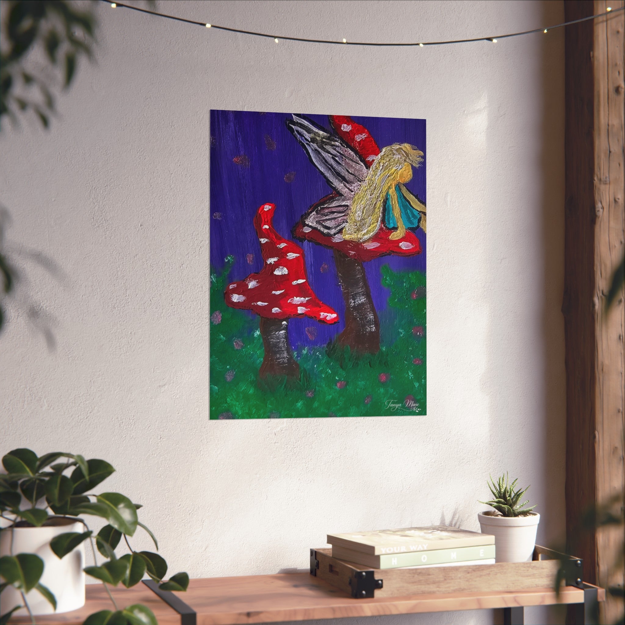 Matte fine art poster: blonde fairy on red spotted mushrooms over blue night