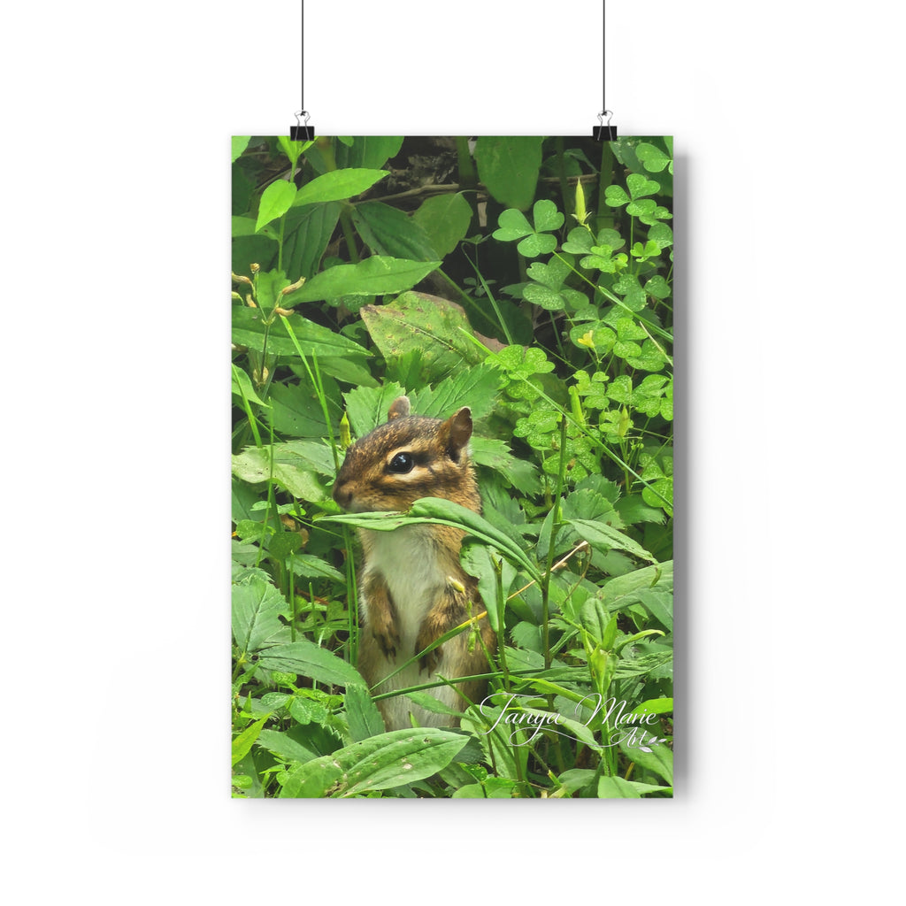 Giclée art print of a chipmunk in dense green foliage