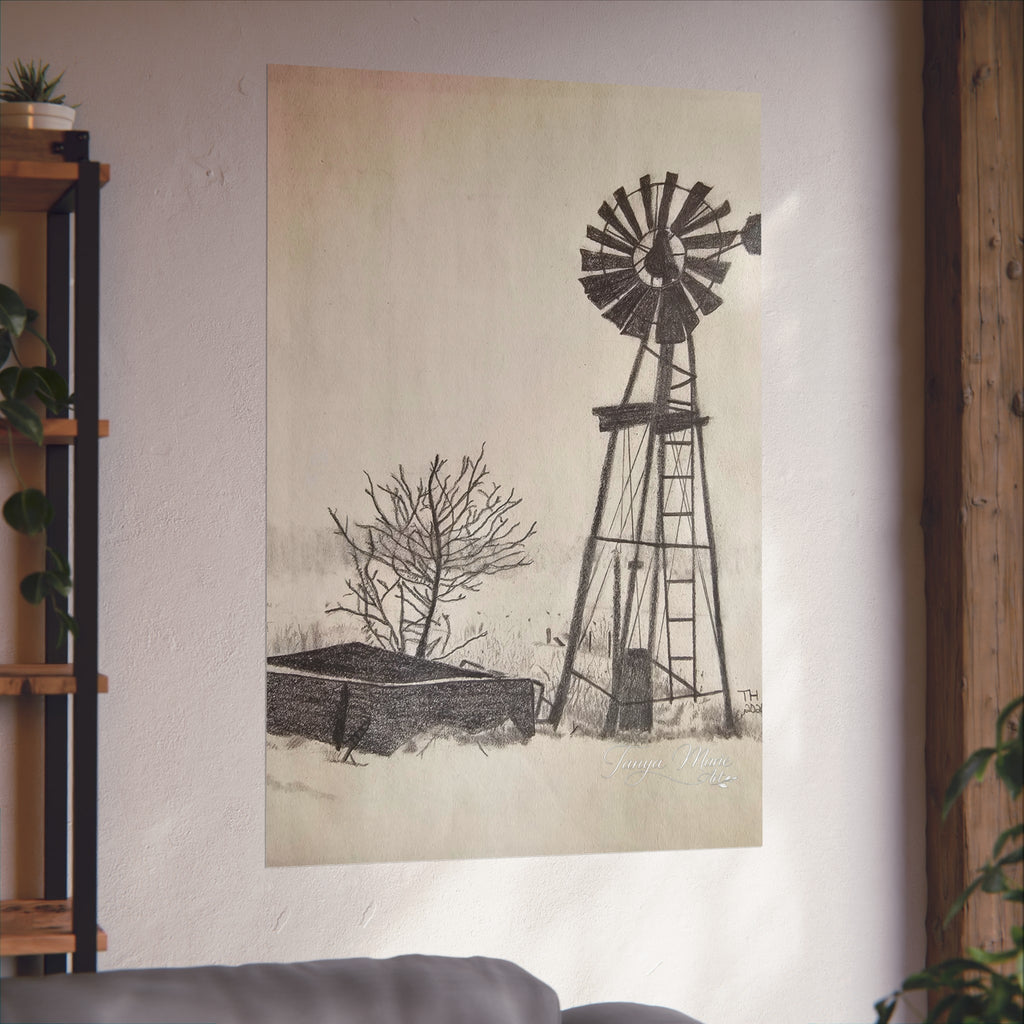 Windmill Sketch Fine Art Poster — Rustic Black & White Wall Art