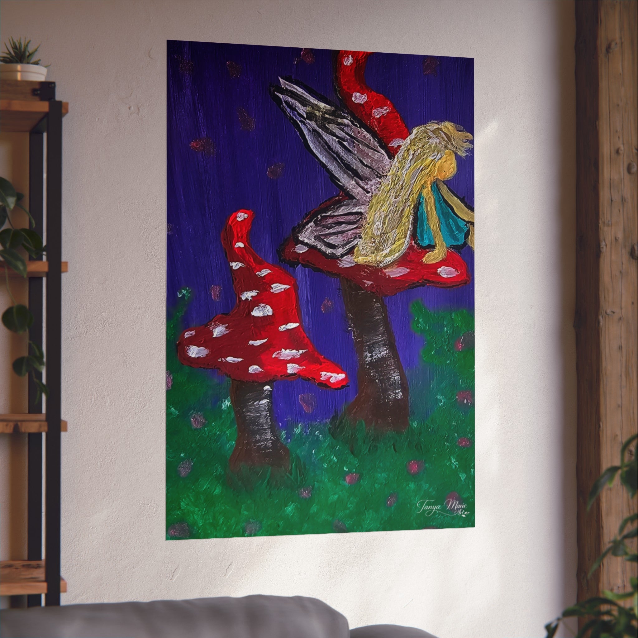 Vertical fairy on toadstool fine art poster with gold-haired figure, red mushrooms, blue and green