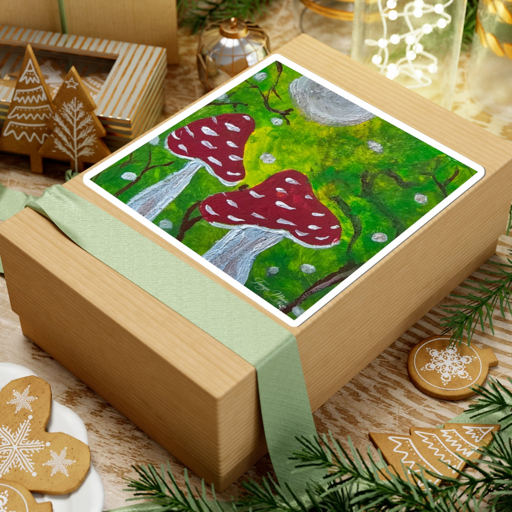 Red toadstool vinyl sticker with whimsical forest mushrooms, square white border