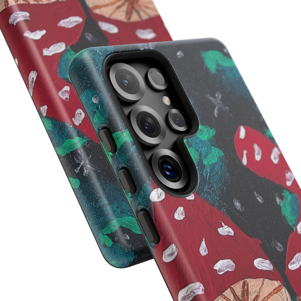 Tough phone case close-up of back panel with mushroom print and camera lens openings.