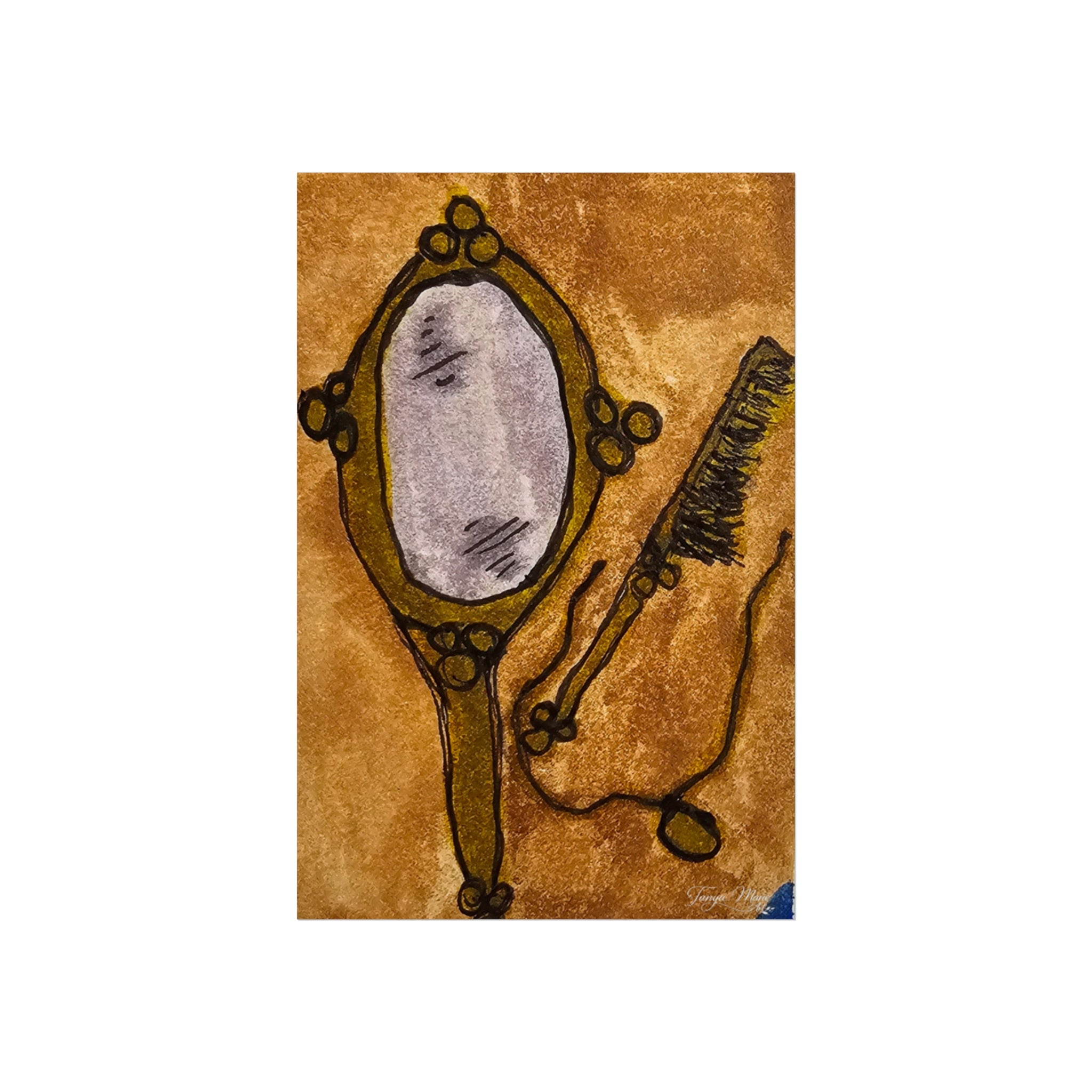 Close-up view of vintage hand mirror and comb illustration artwork on warm brown background