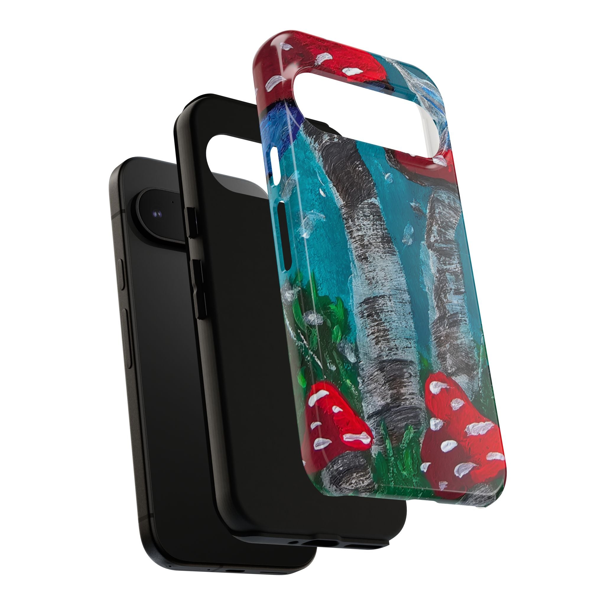 Phone case with glossy finish, teal and blue birch pattern, red toadstools, side view.