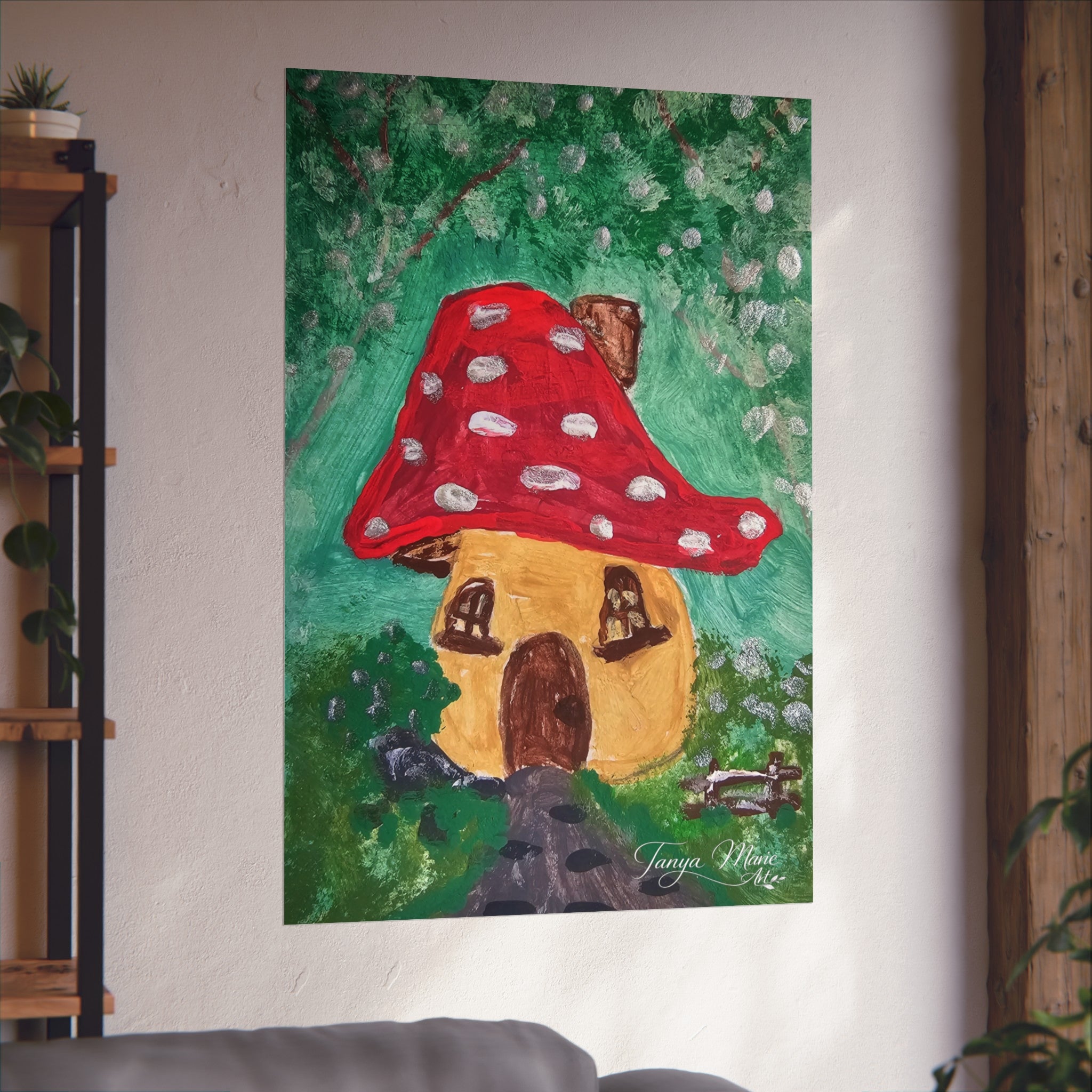 Fine art poster featuring a mushroom cottage: red mushroom roof with white dots on green