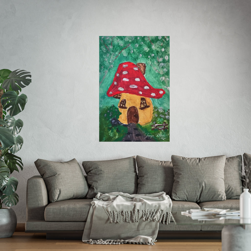 Square fine art poster with mushroom cottage illustration: red cap over yellow house on green