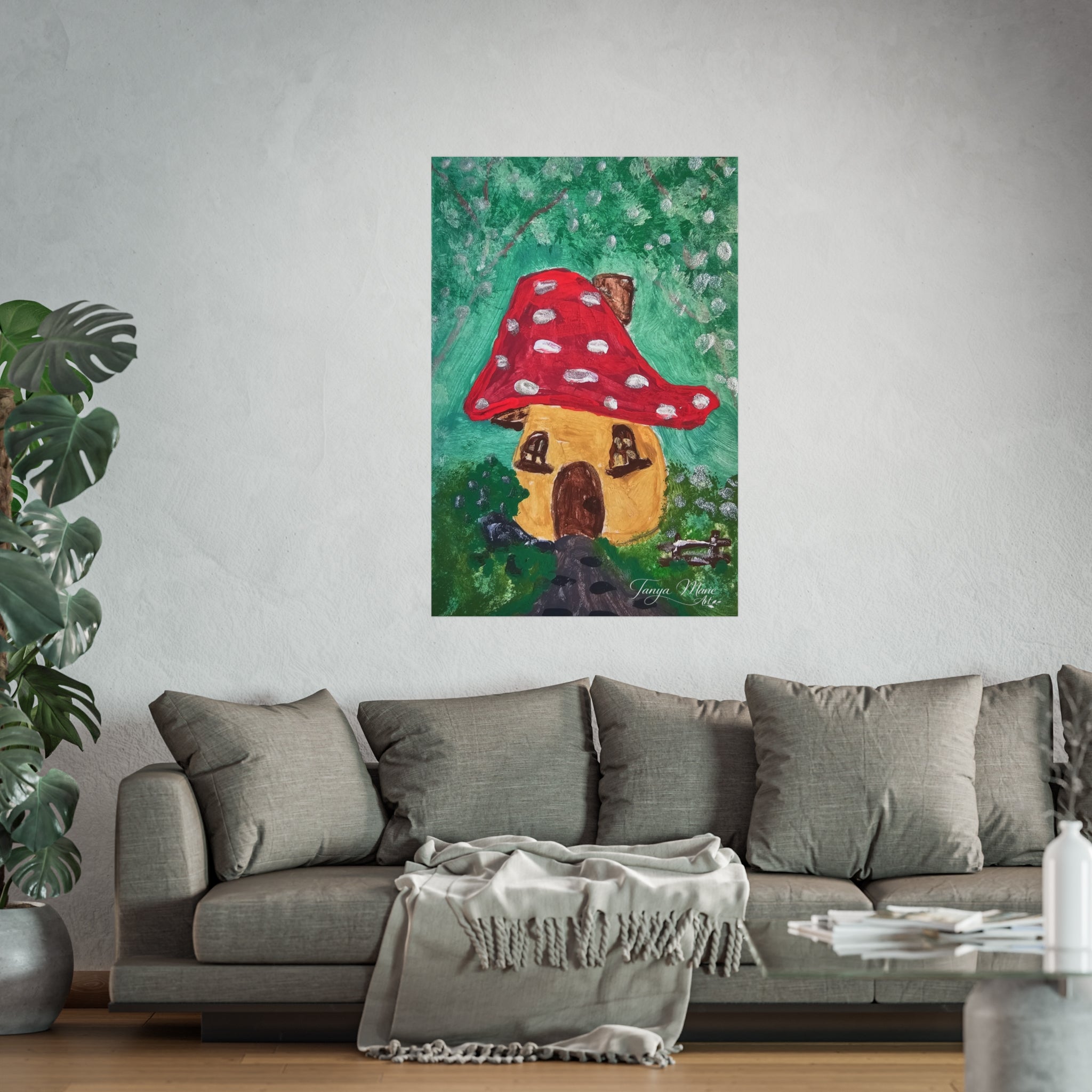 Square fine art poster with mushroom cottage illustration: red cap over yellow house on green