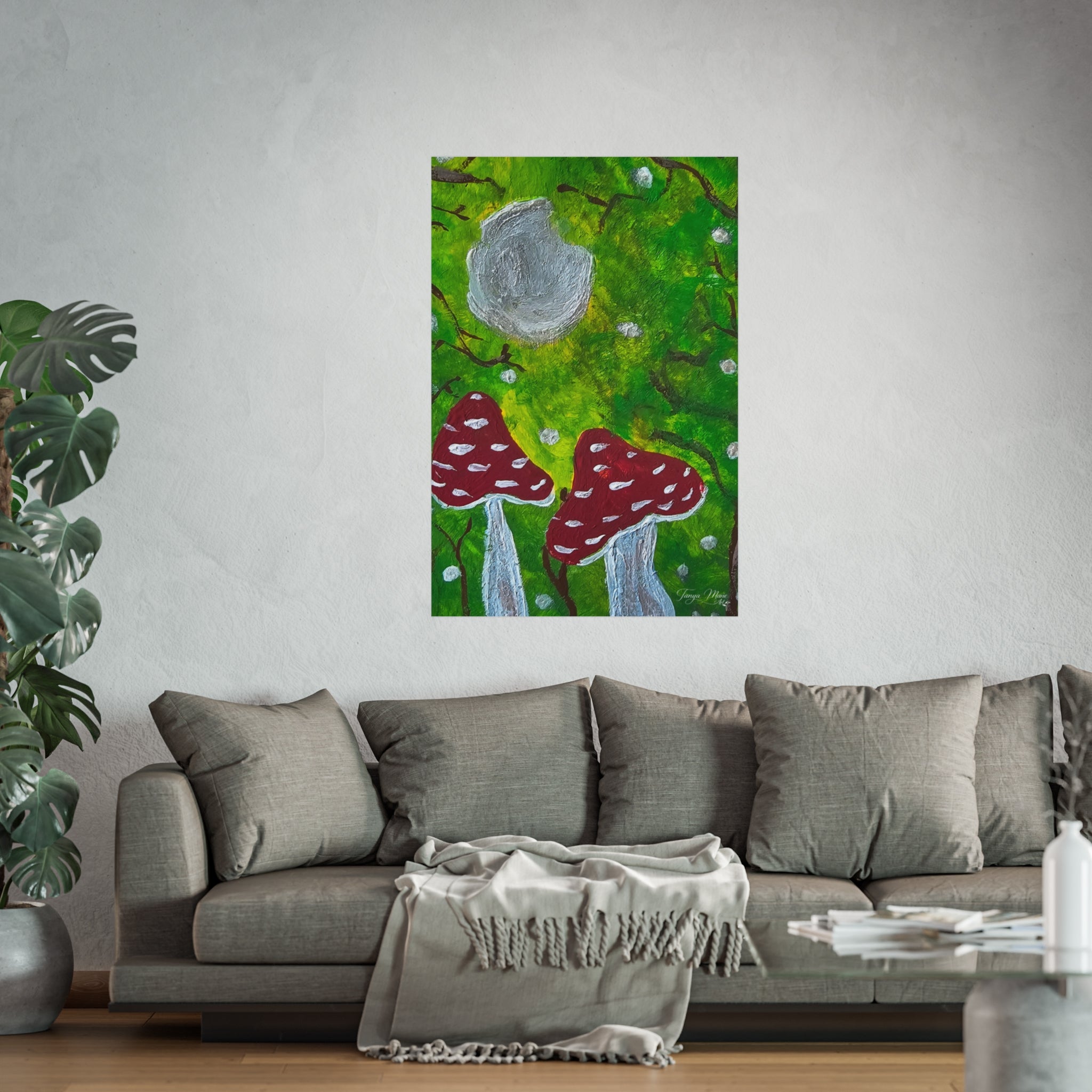 Square fine art poster with green forest scene, gray moon, and red polka-dot mushrooms.