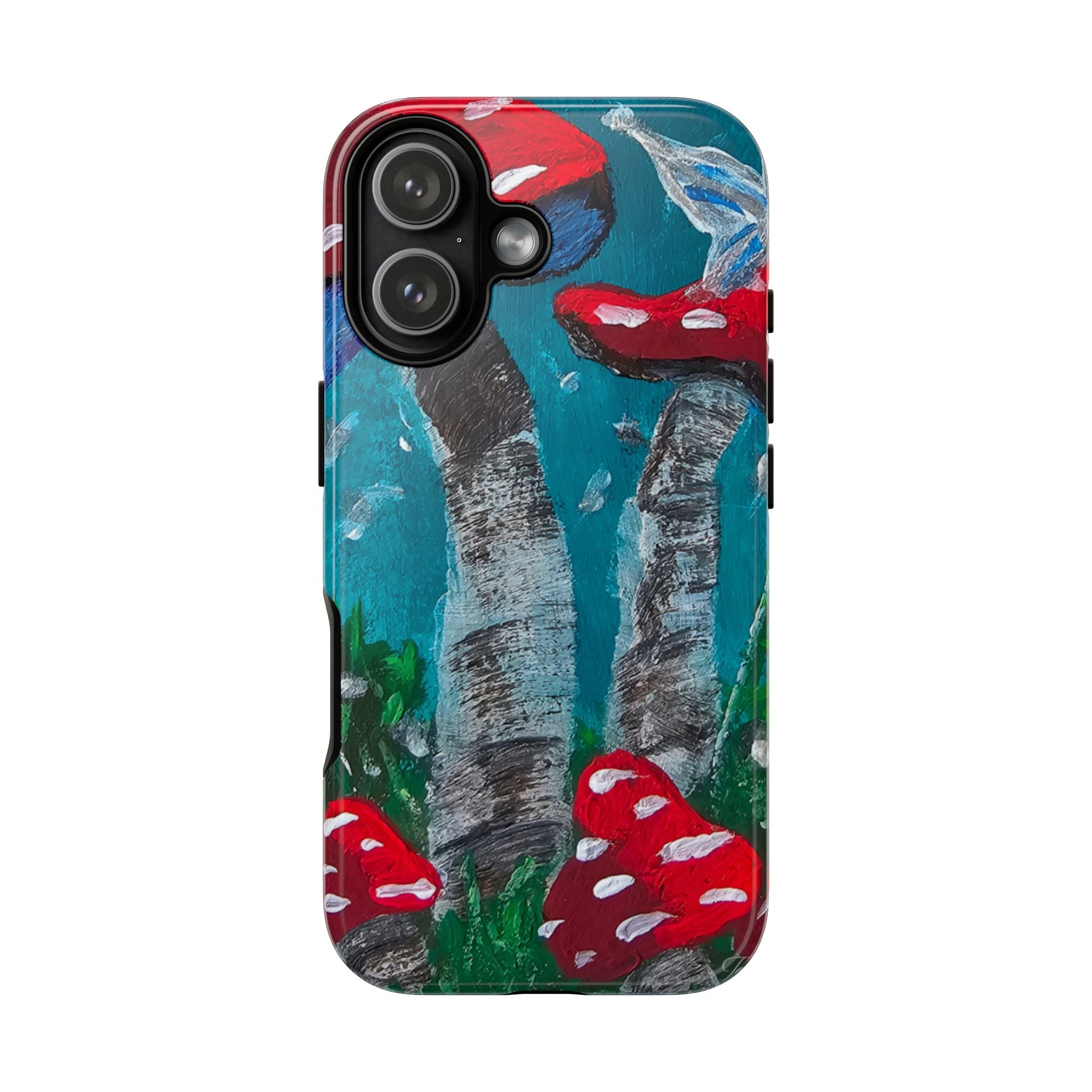 Phone case with glossy finish, back side shows dual-camera cutout over teal birch and toadstools.