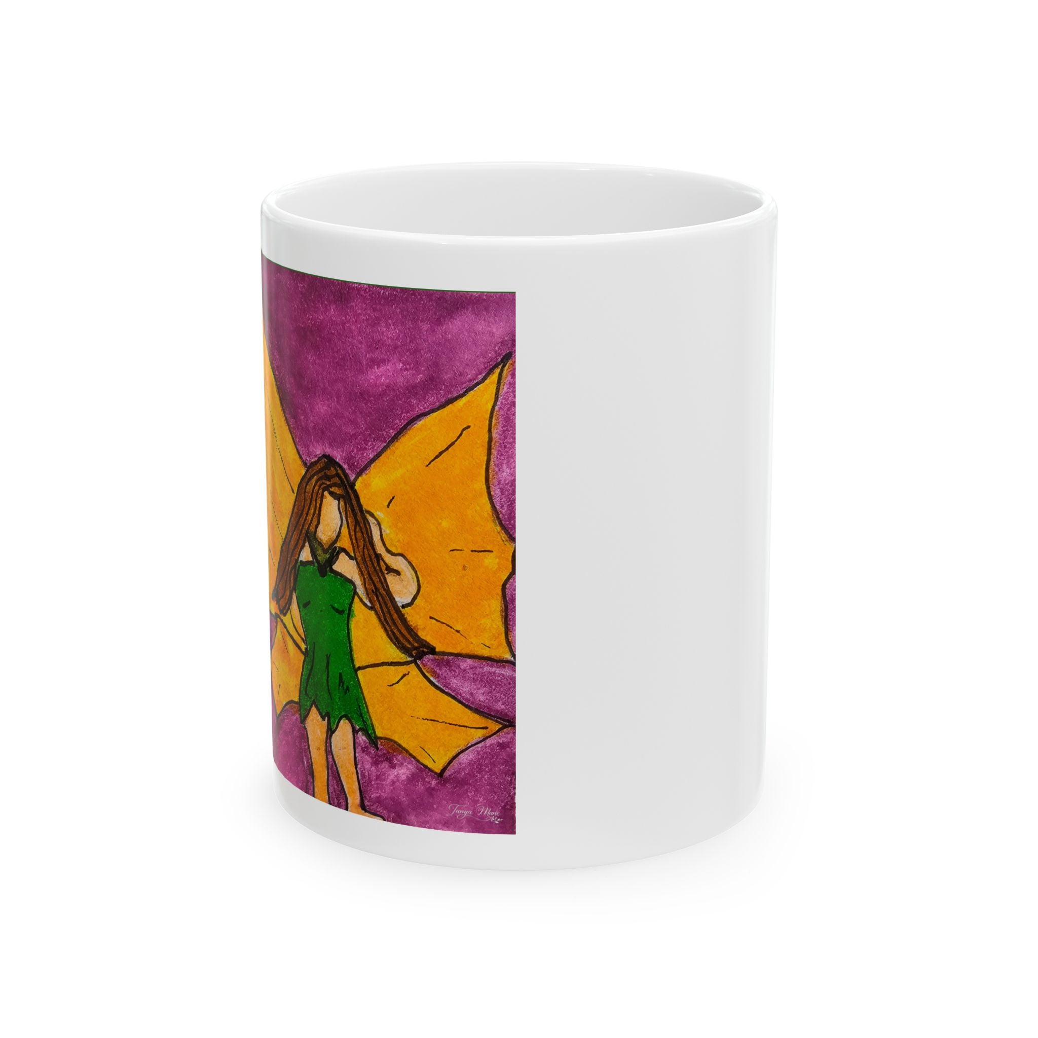 White ceramic mug with a watercolor fairy figure and wing artwork on the side.
