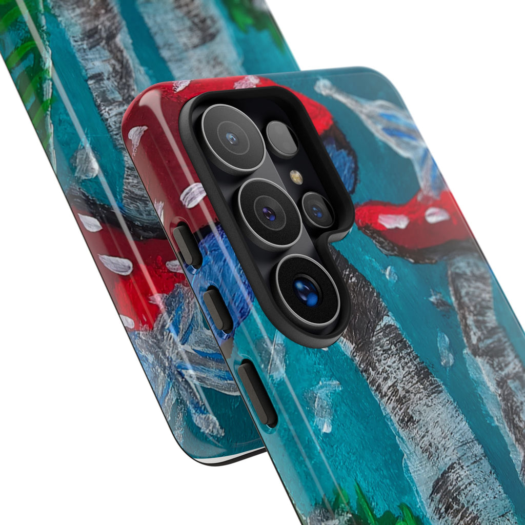 Phone case back with red toadstool motif on teal/blue stripes, triple camera and flash opening