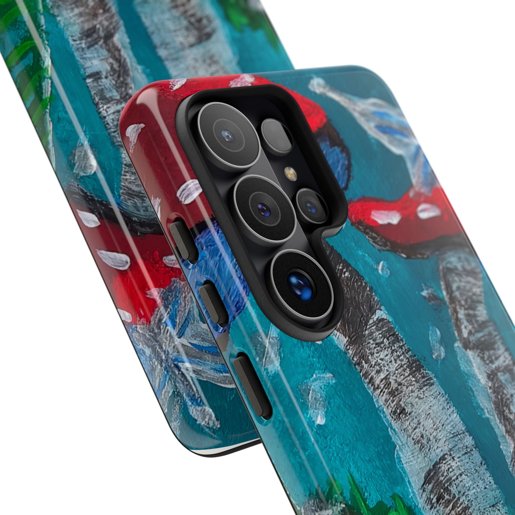 Phone case back with red toadstool motif on teal/blue stripes, triple camera and flash opening