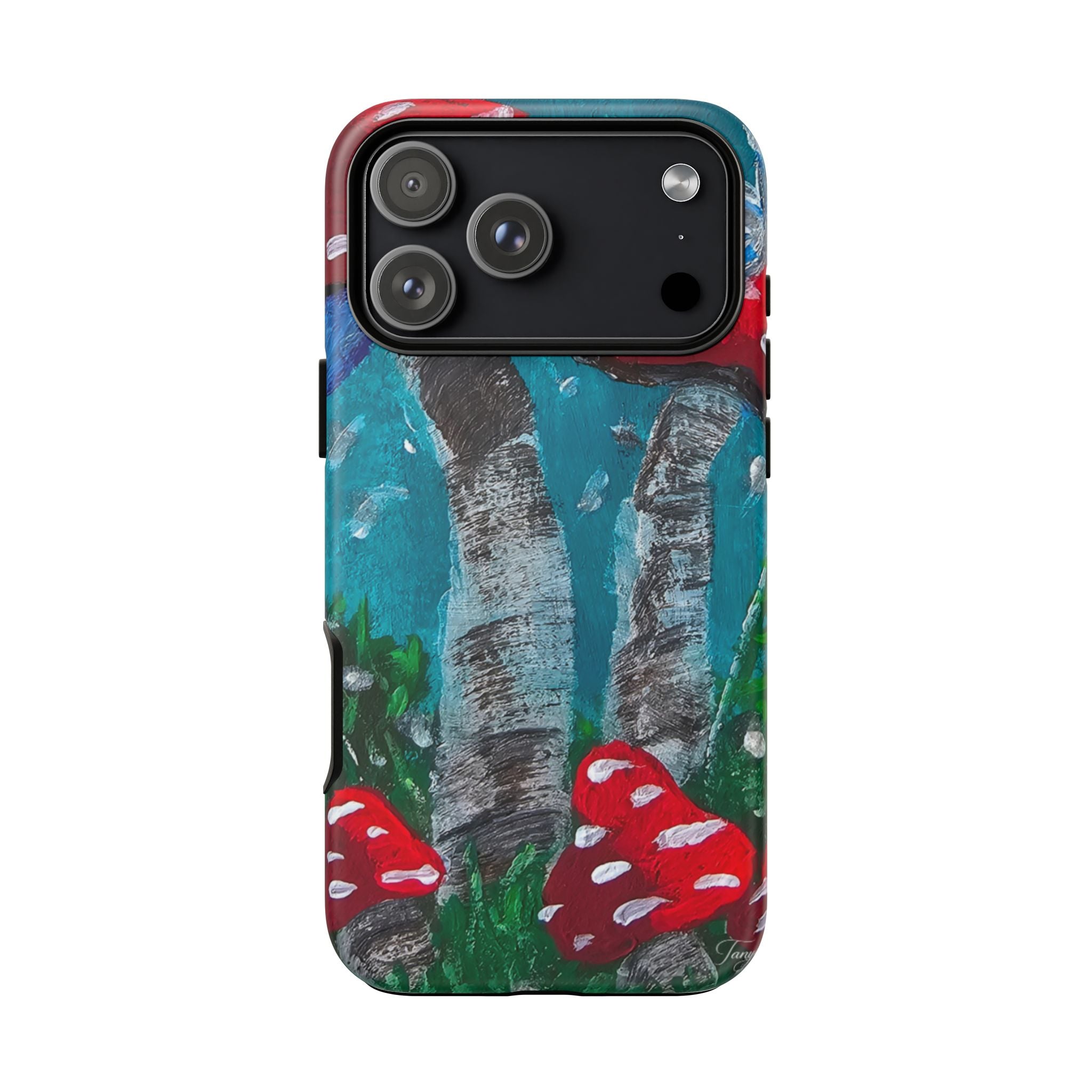 Protective phone case showing hand-painted red toadstools on teal and gray forest design; camera cutouts