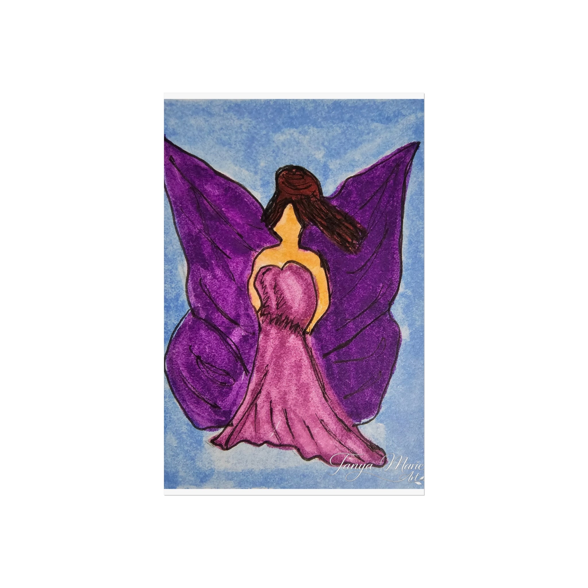 Purple wings angel wall art print on blue background, standing with heart-shaped figure