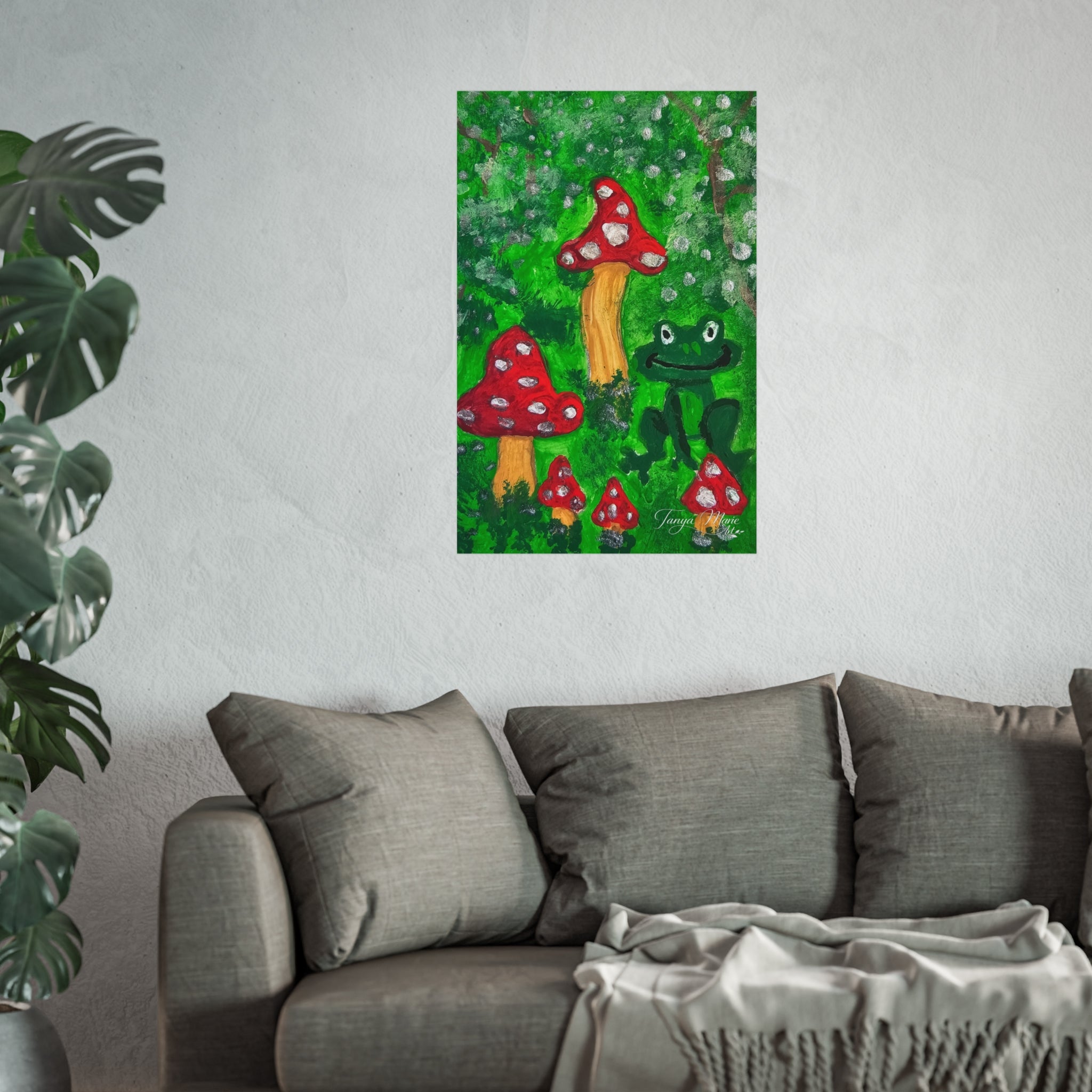 Forest mushroom wall poster, small size, with red toadstools and a green frog illustration