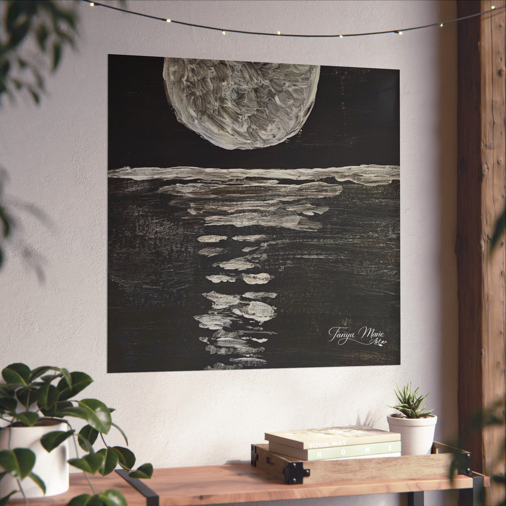 Moonlight Reflection Fine Art Poster — Black & White Minimalist Wall Art
