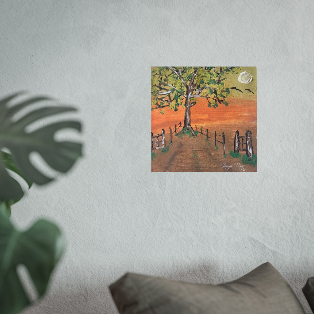 Sunset Path Fine Art Poster — Tree, Fence & Moon Landscape Print