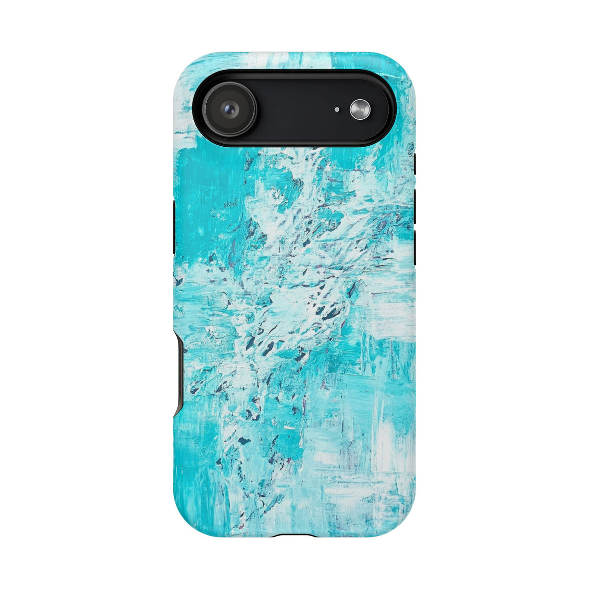 Turquoise abstract phone case showing long camera bar cutout and smooth back.