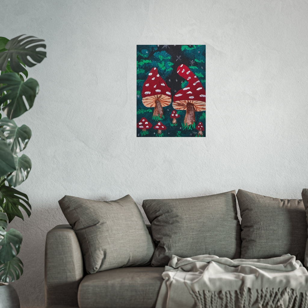 Whimsical fine art poster featuring small red toadstools with white spots in a dark green scene