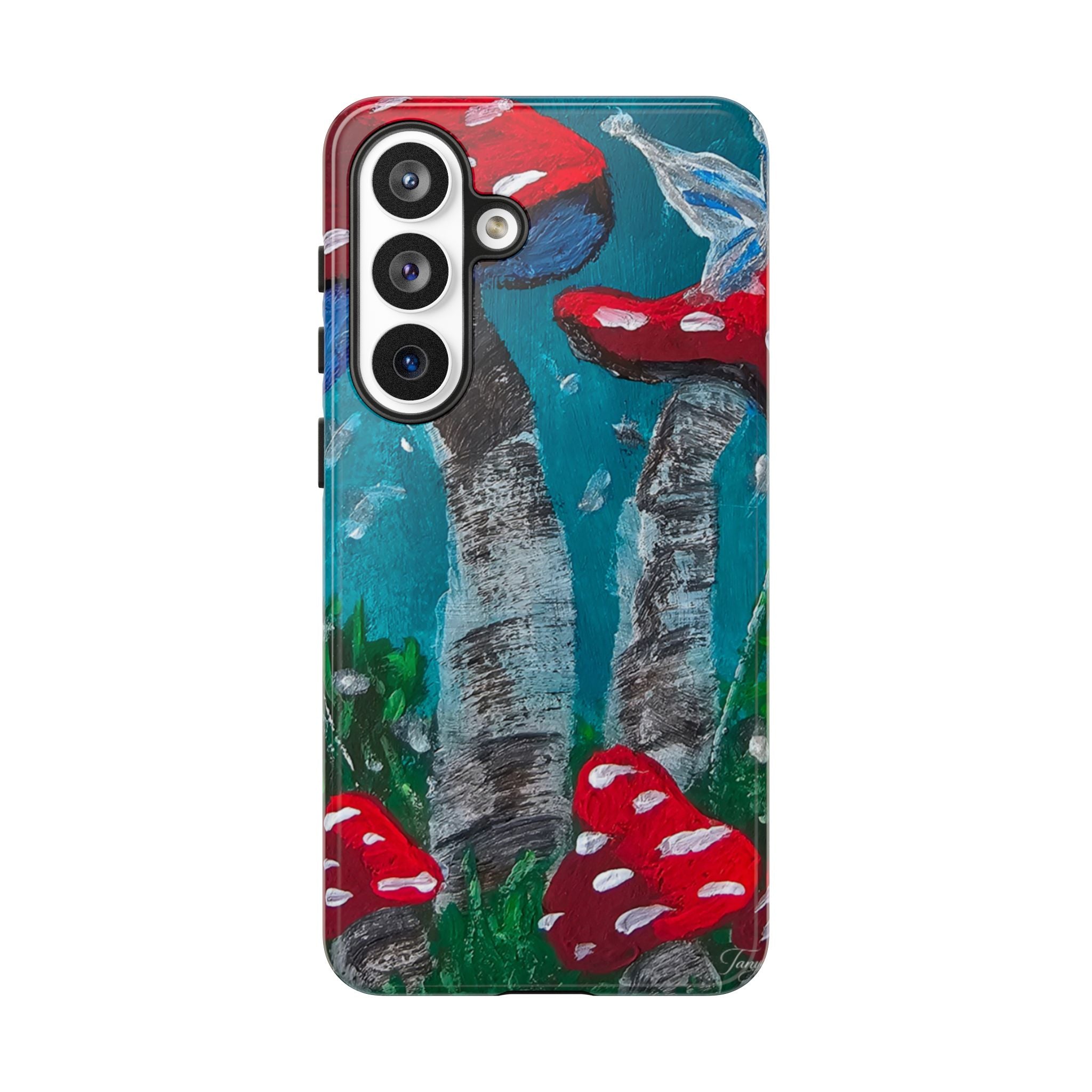 Protective phone case featuring hand-painted red toadstools on teal and gray forest design; button cutouts