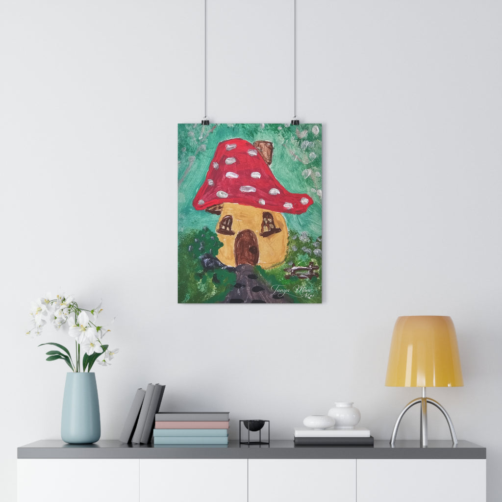 Mushroom cottage wall art print with red polka-dot mushroom house, hanging on two clips