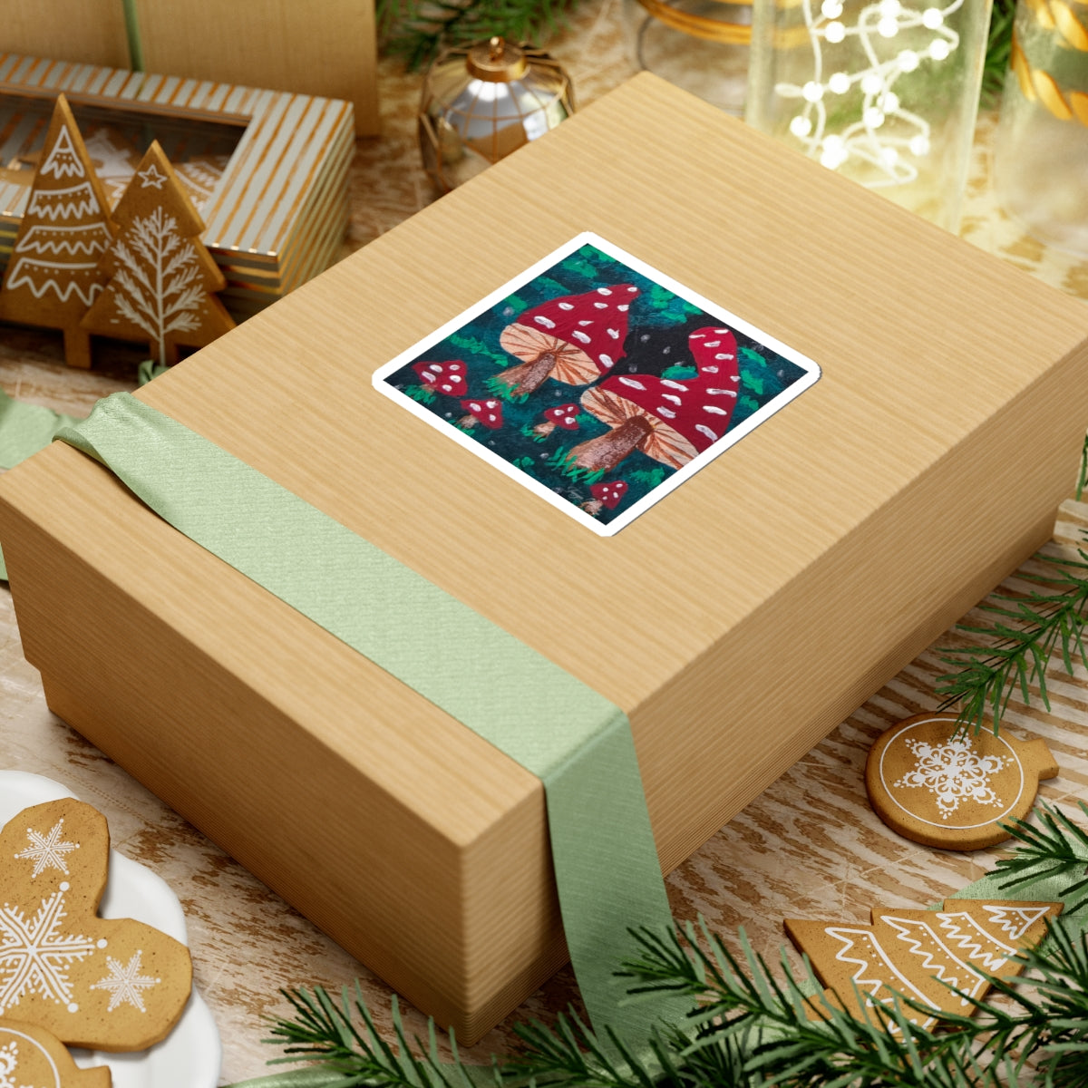 Kiss-cut sticker on gift wrap: red mushrooms with white spots and brown stems on green