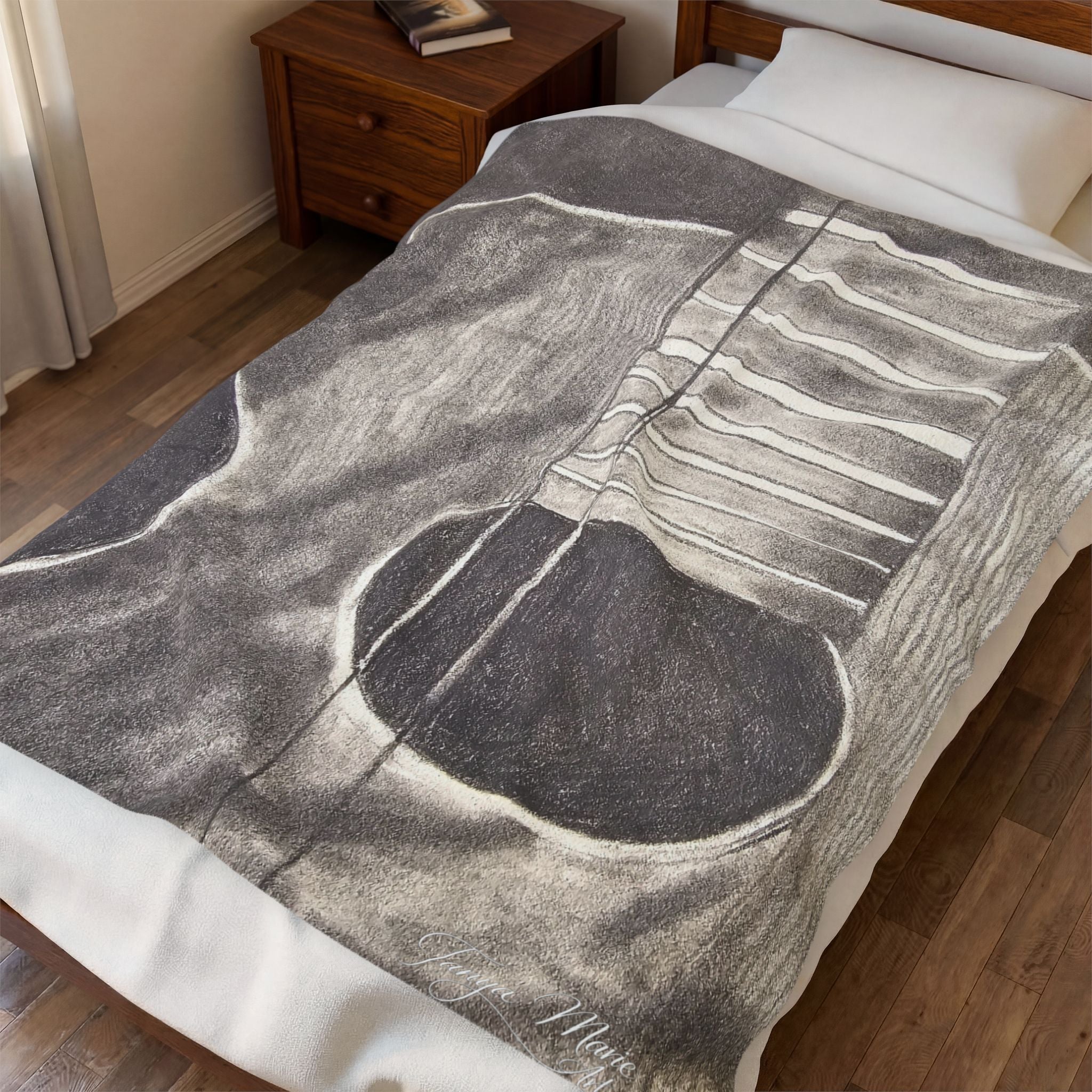 Velveteen plush blanket with gray acoustic guitar sketch and white string lines