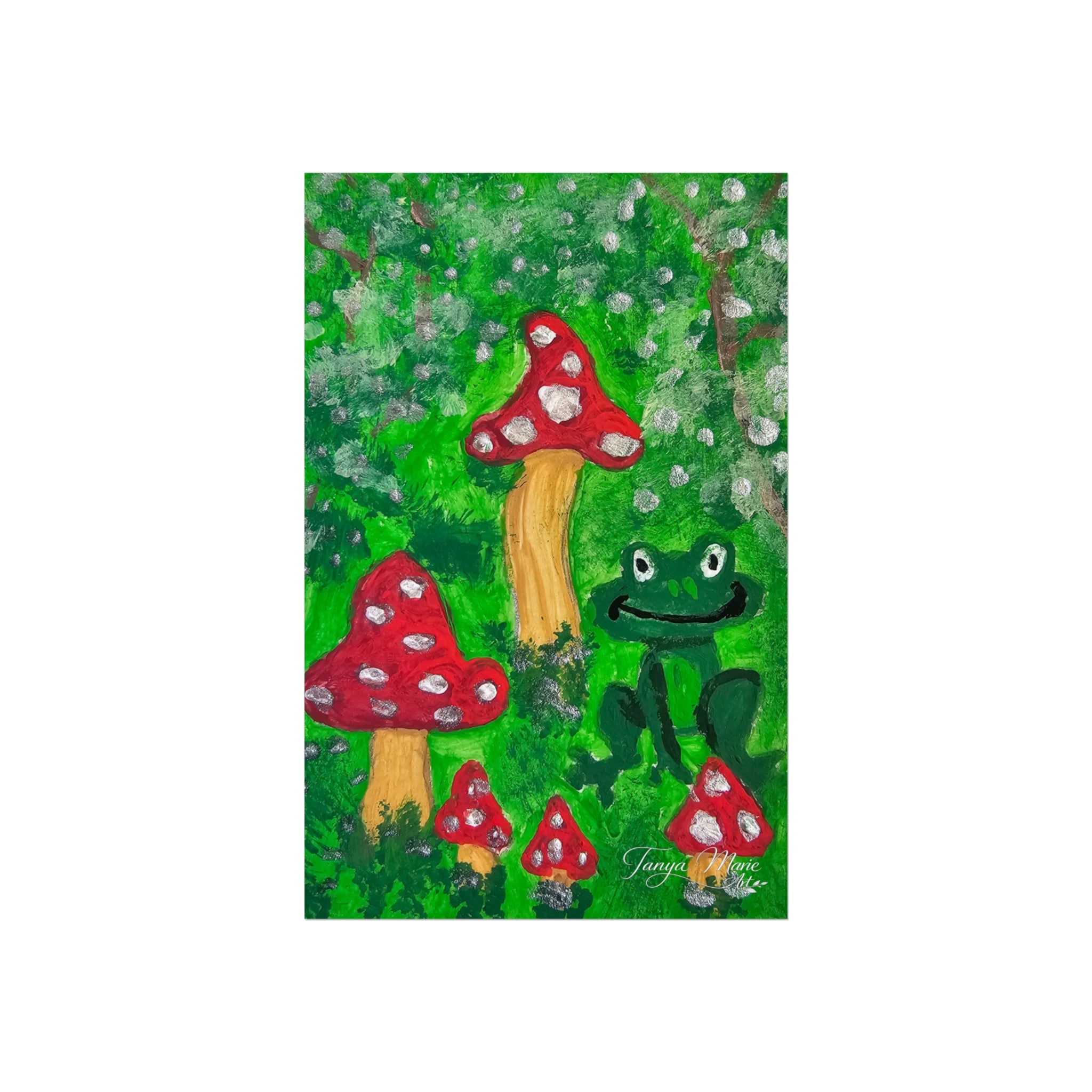 Close-up forest mushroom poster with red toadstools, green frog, and speckled green foliage