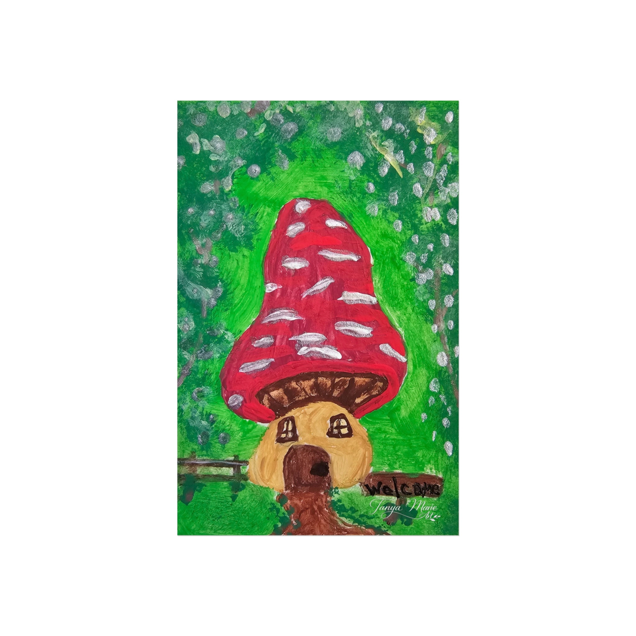 Whimsical fine art poster close-up of a red mushroom house with green background and white specks