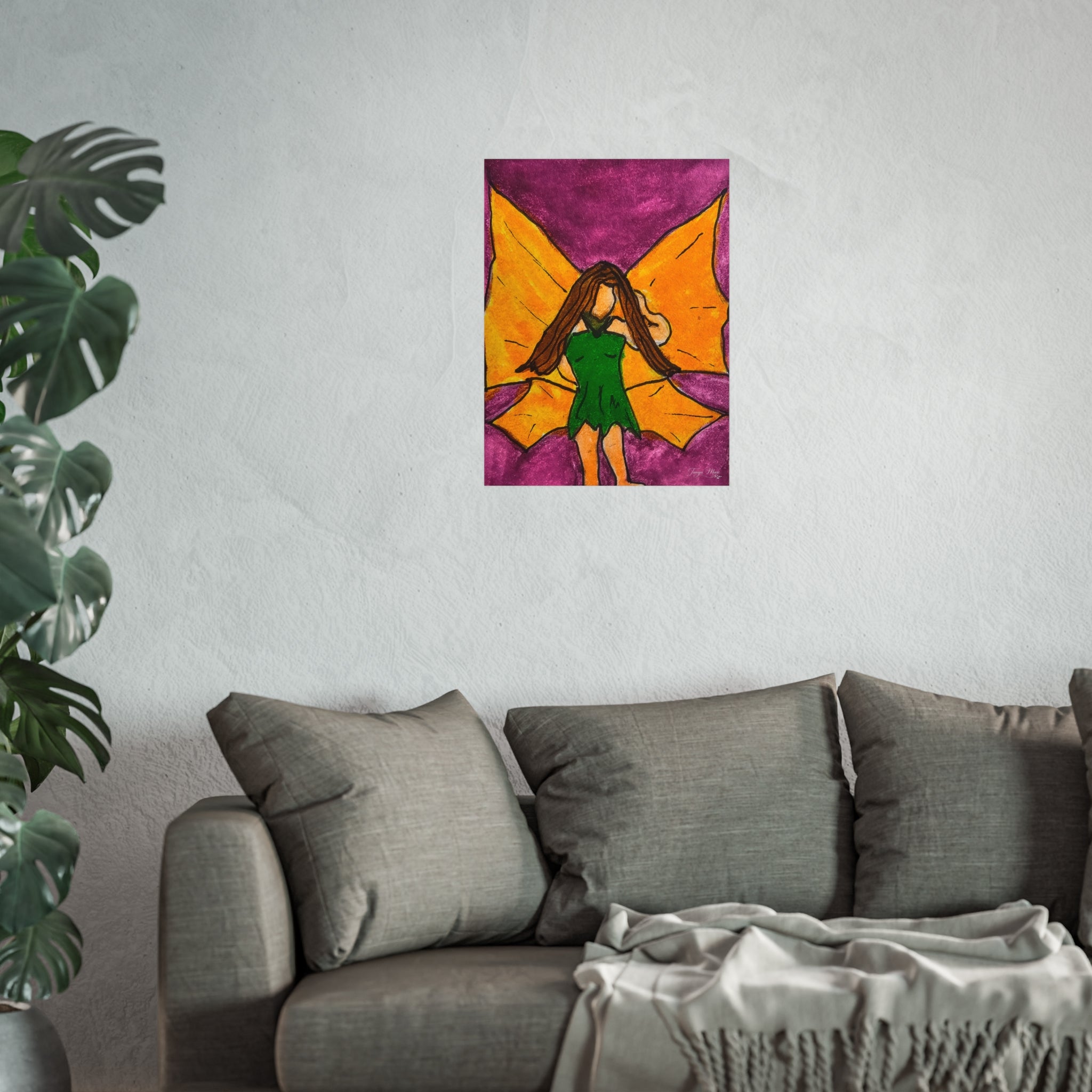 Fairy wings art poster in small square format with a green-dressed figure and orange-purple wings