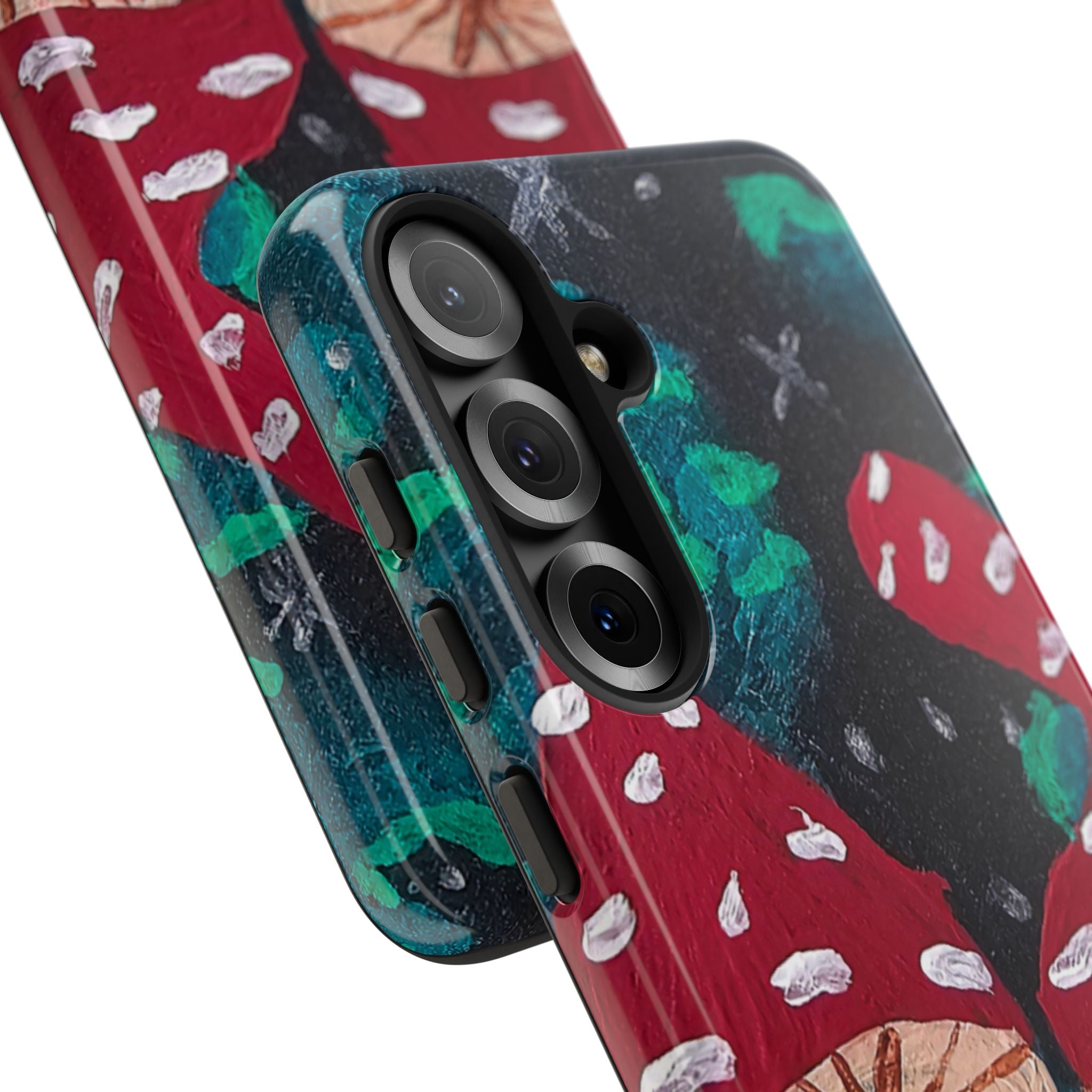 Rugged phone case with mushroom forest pattern and triple-lens camera cover cutout
