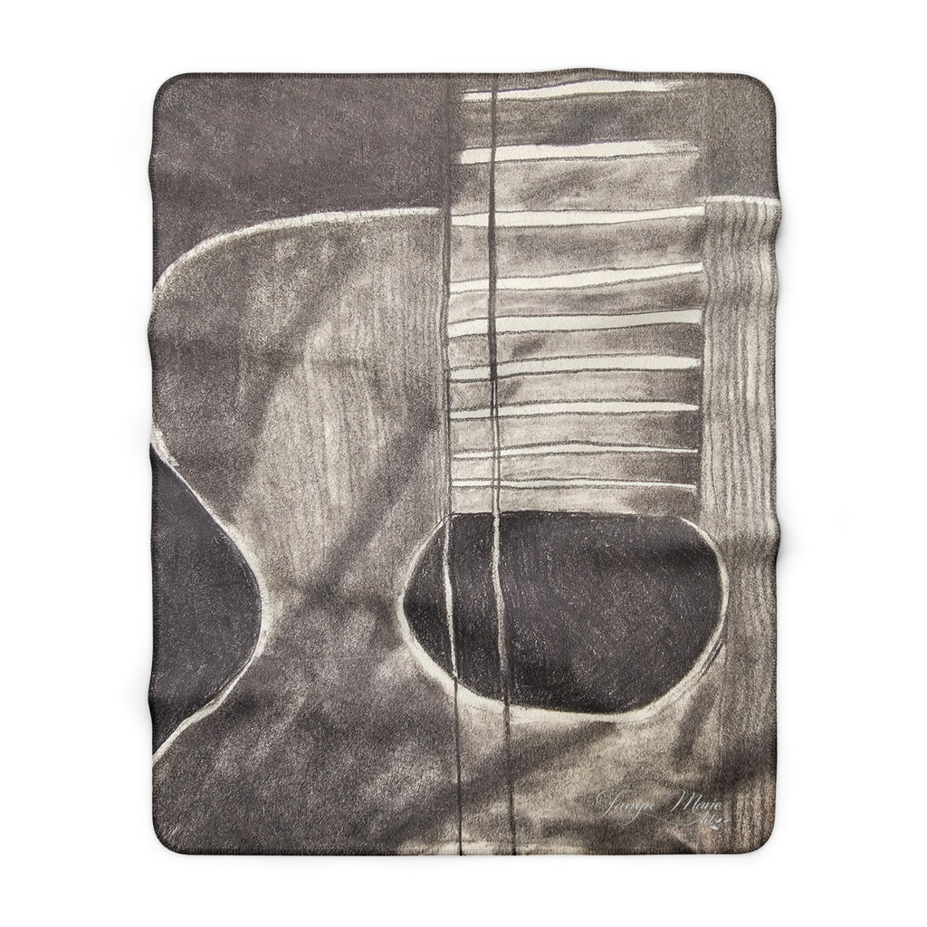Sherpa-style blanket close-up of gray acoustic guitar print, including body and sound hole