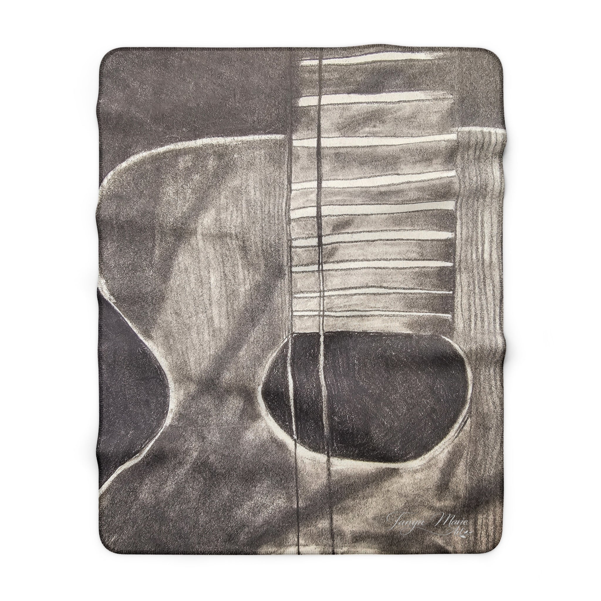 Sherpa-style blanket close-up of gray acoustic guitar print, including body and sound hole