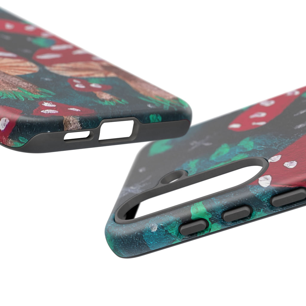 Tough phone case with mushroom forest design and side button cutouts