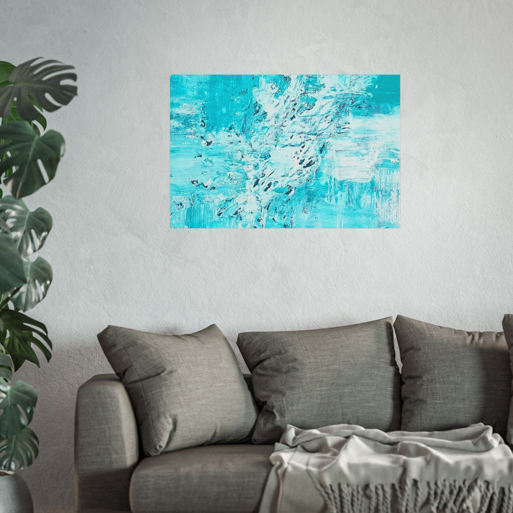 Turquoise abstract art poster with detailed brush texture and aqua-to-white tones on matte paper.