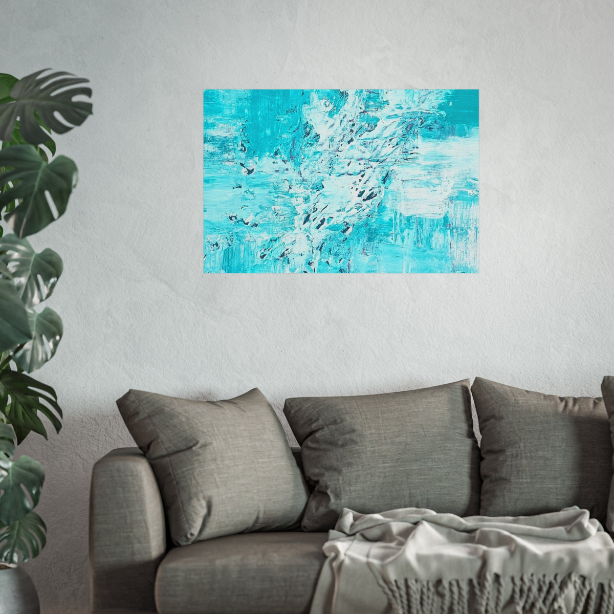Turquoise abstract art poster with detailed brush texture and aqua-to-white tones on matte paper.