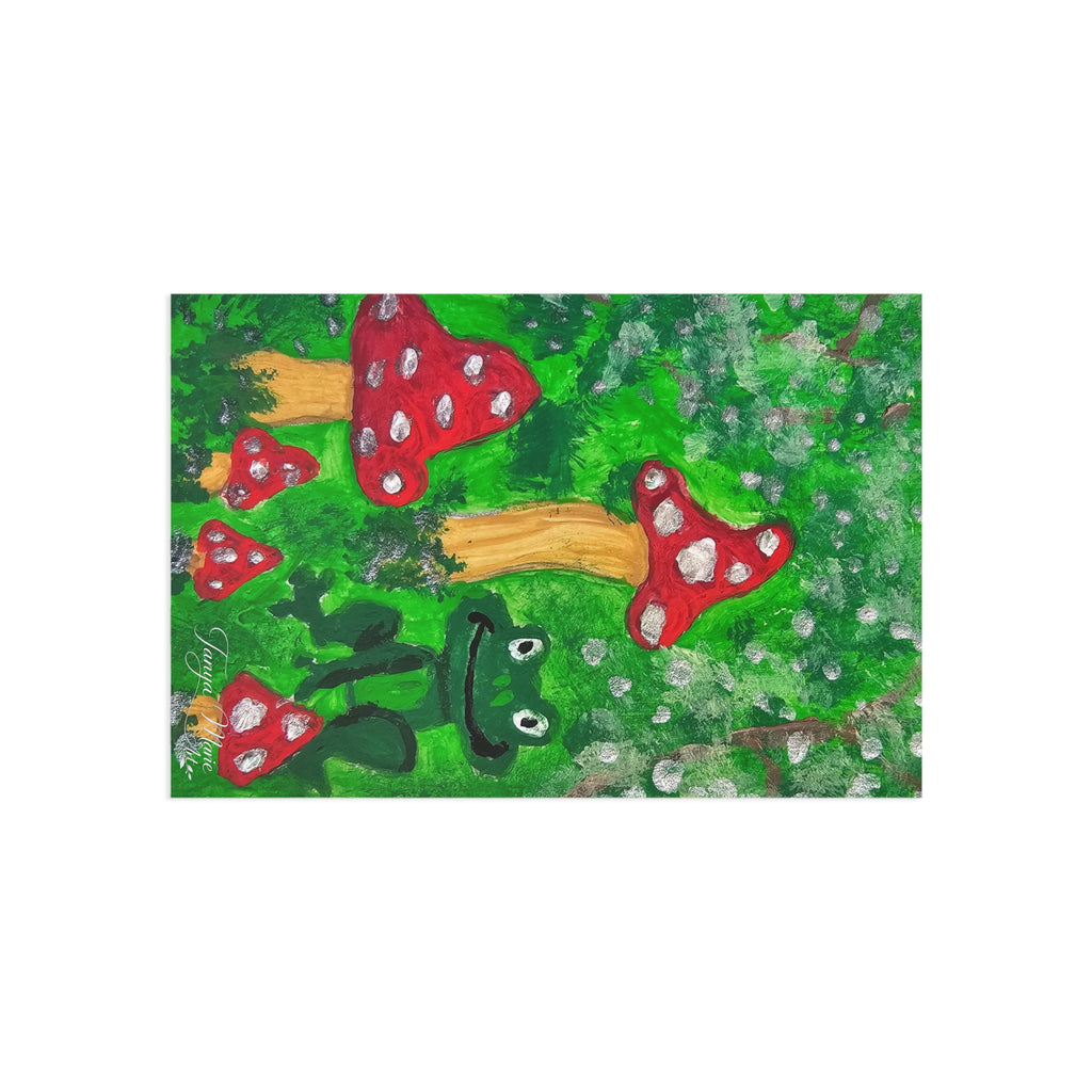 Art postcard with green frog and red toadstool mushrooms on a textured green forest
