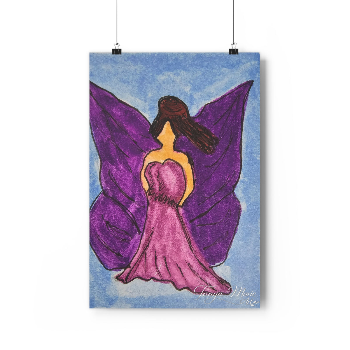 Giclée art print of fairy woman with purple wings