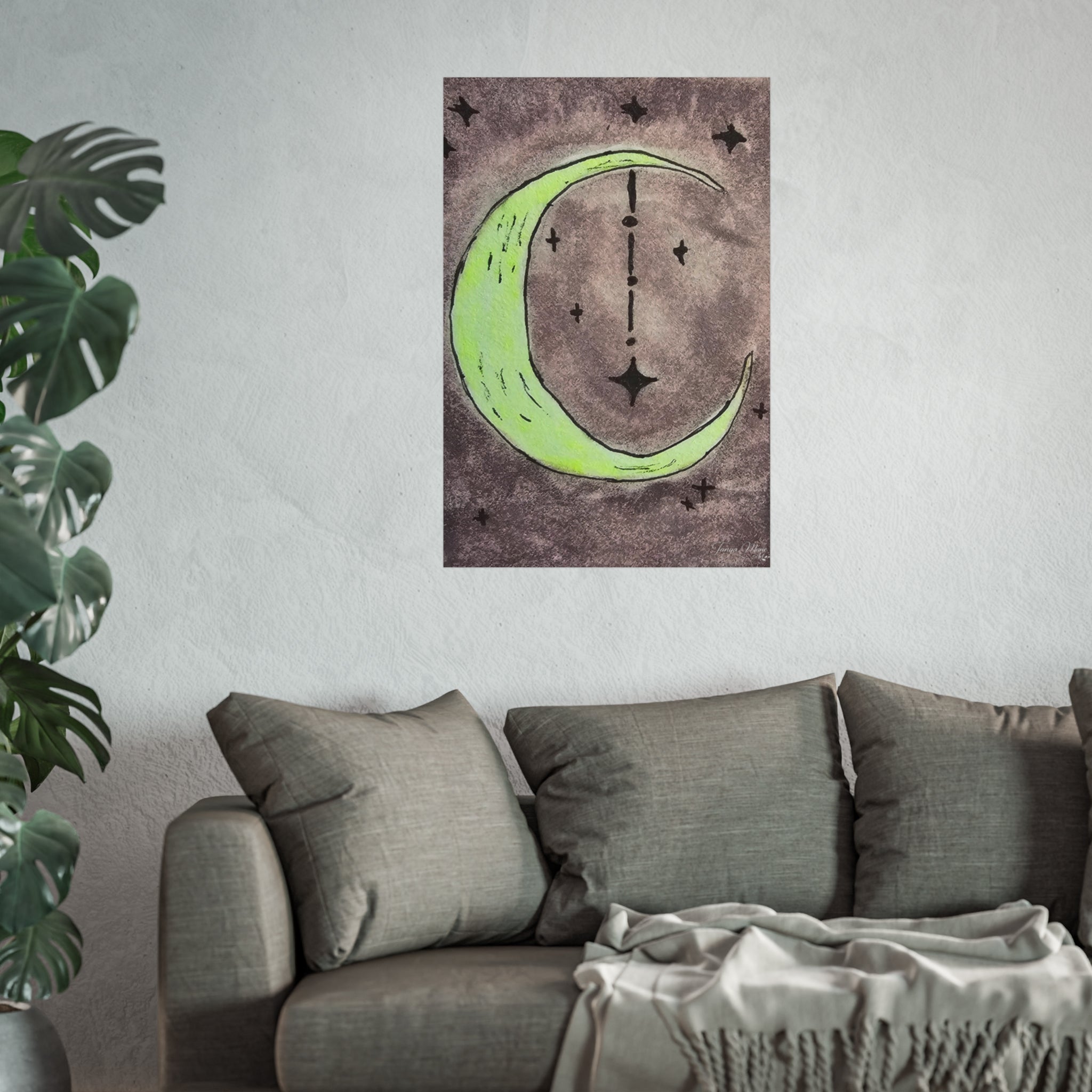 Square fine art poster featuring a neon green crescent moon with small star shapes around it