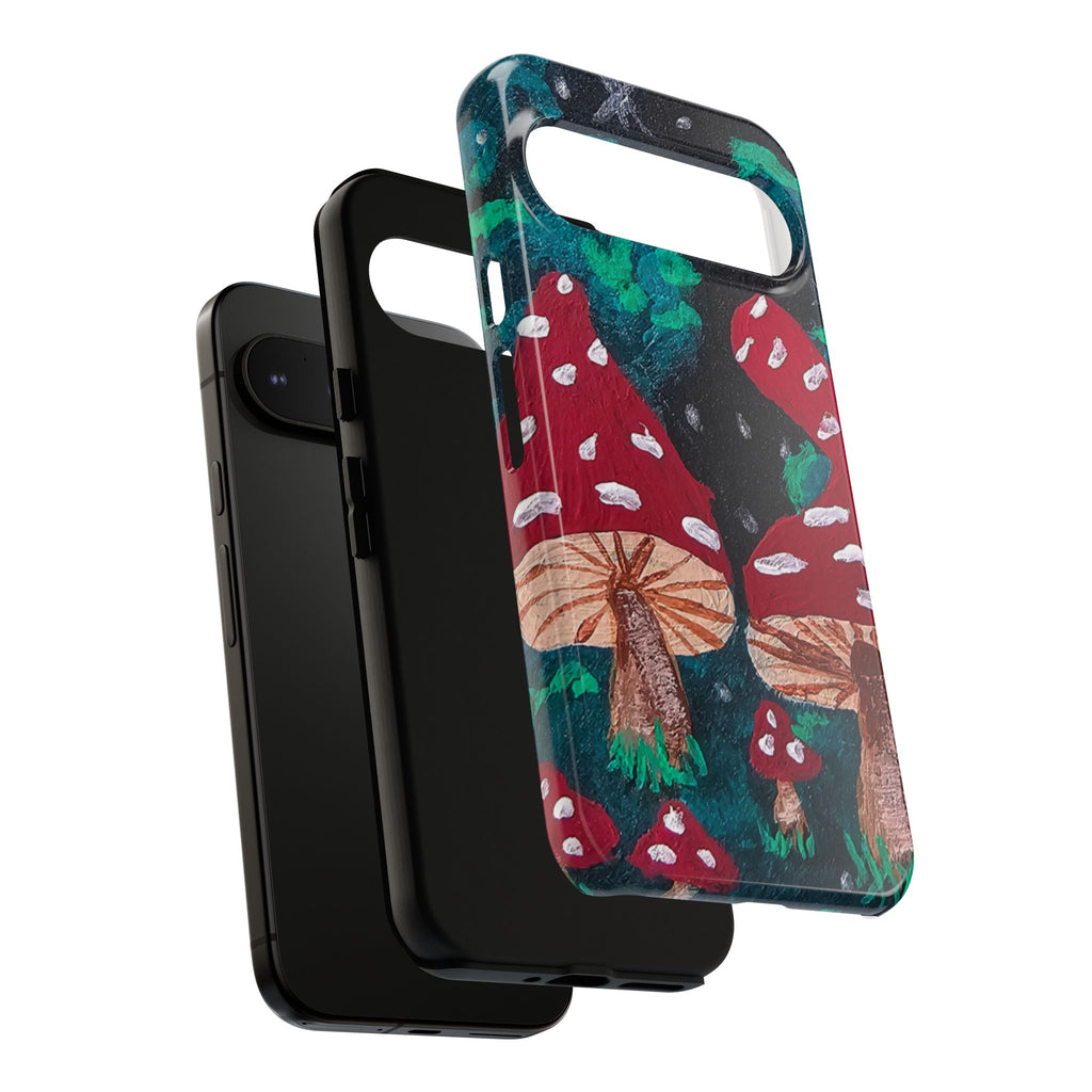 Tough phone case with mushroom and leaf design, red-green pattern, protective corner bumper