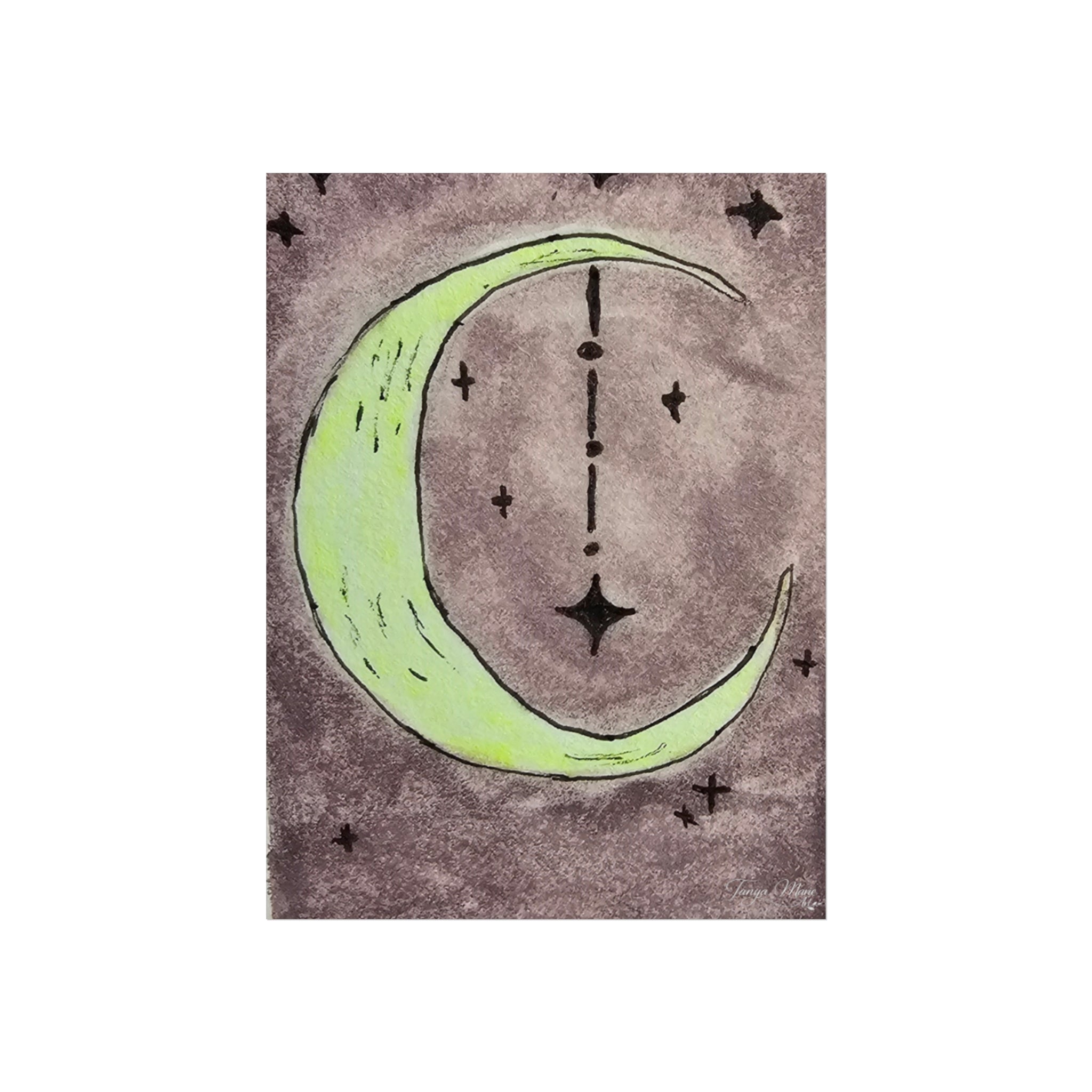 Square fine art poster with neon green crescent moon and scattered star icons on dark purple