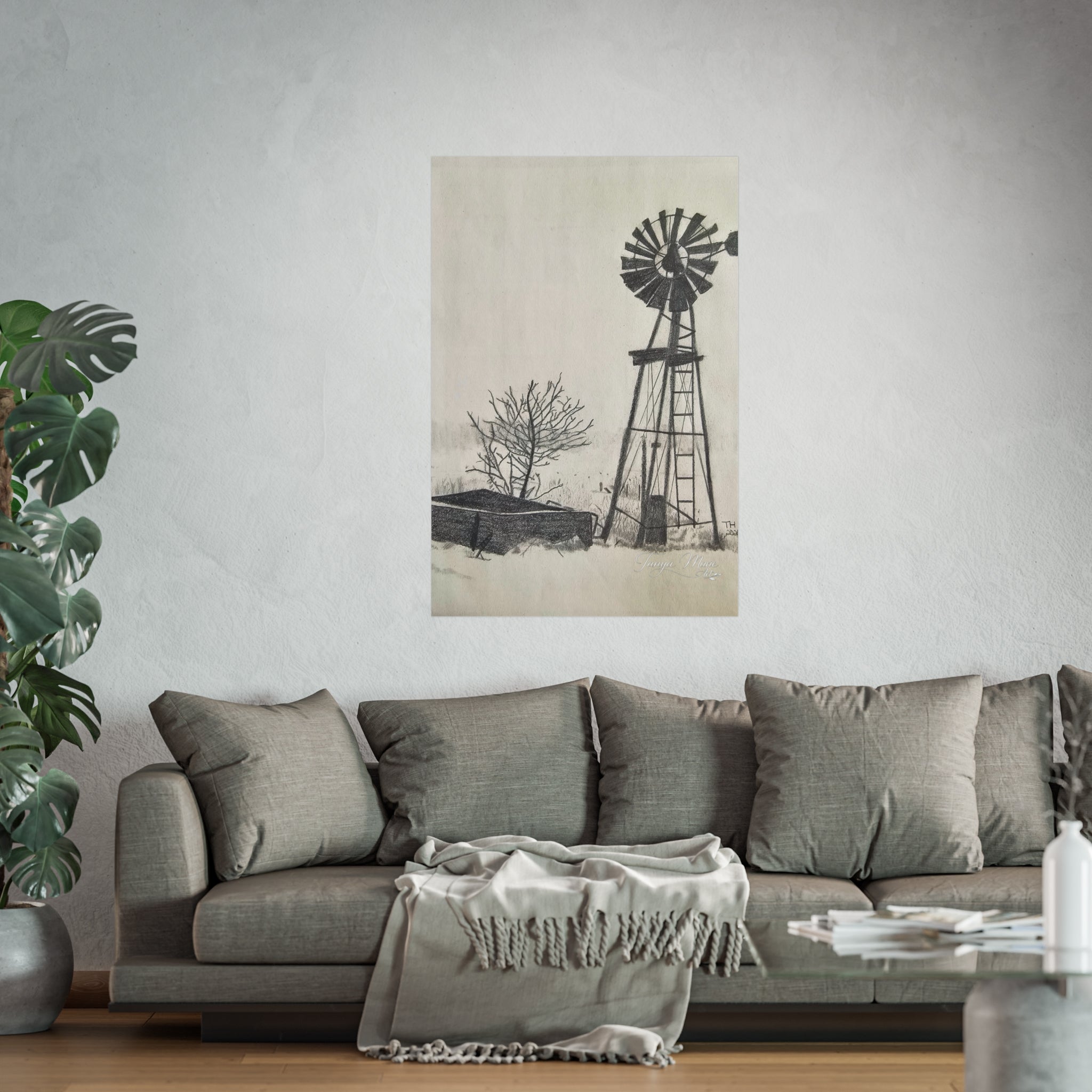 Windmill Sketch Fine Art Poster — Rustic Black & White Wall Art