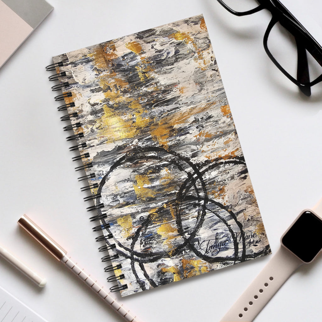 Abstract Gold & Charcoal Spiral Journal — Rustic Modern Notebook for Notes & Sketches