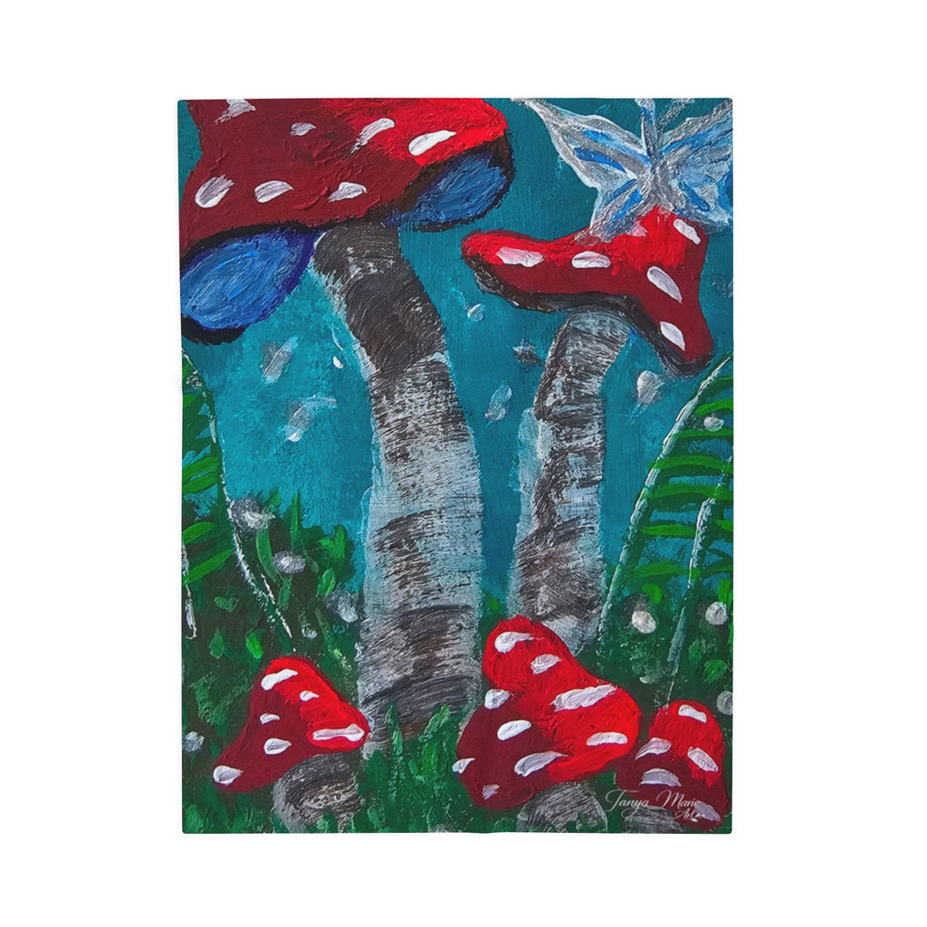 Velveteen plush blanket panel with painted mushroom scene: red caps, teal forest, green details