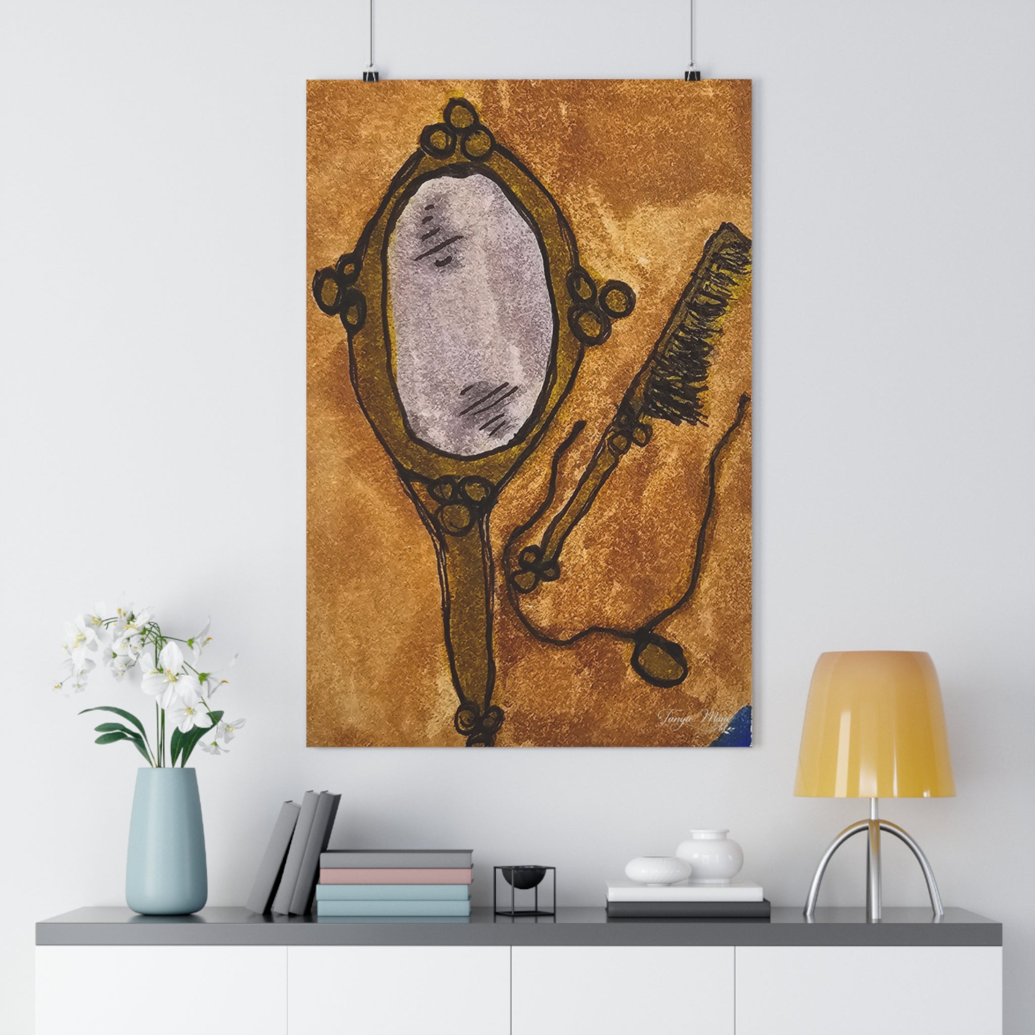 Vintage hand mirror and comb giclée art print on textured paper
