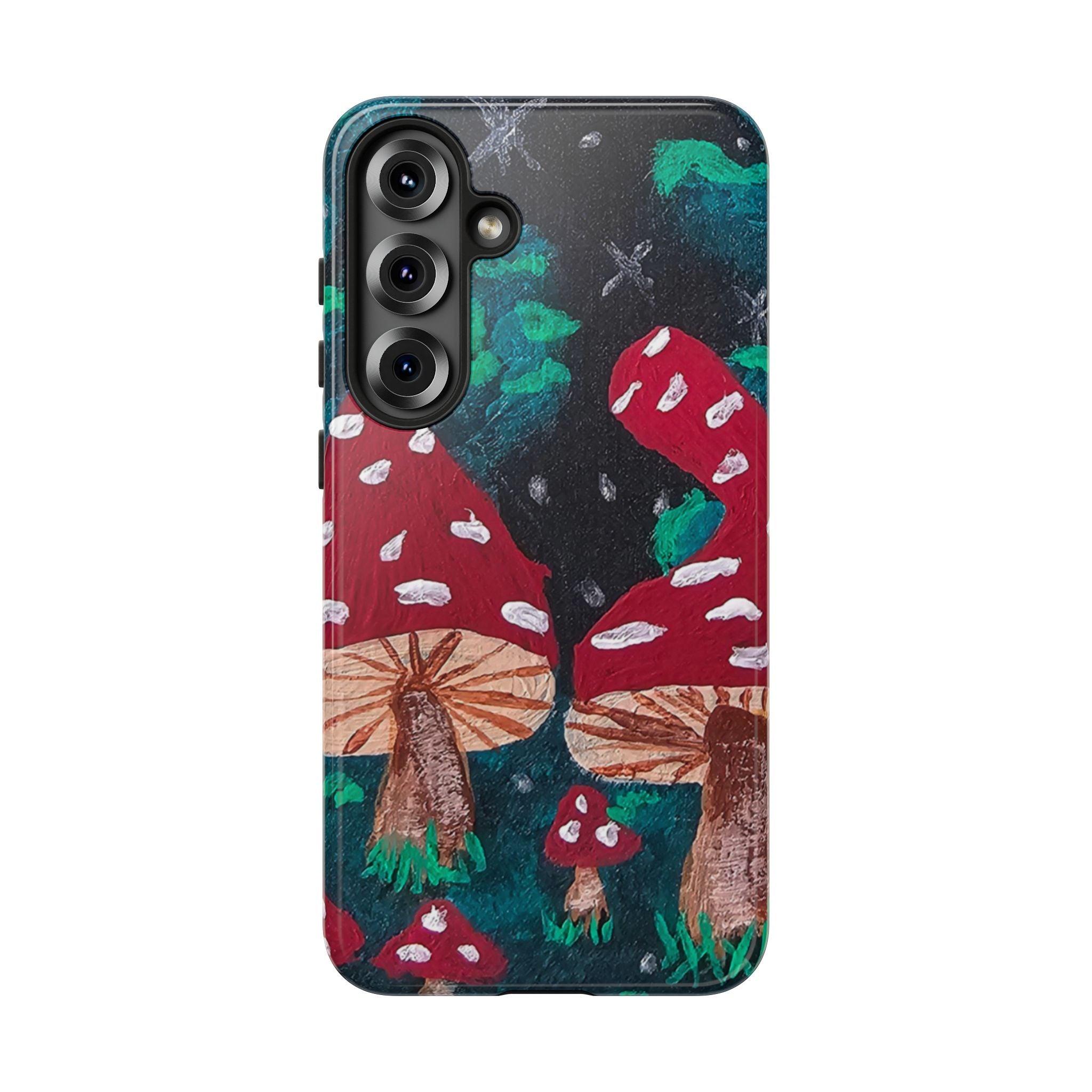 Tough phone case with mushroom forest illustration in red, green, and brown; camera bump visible.