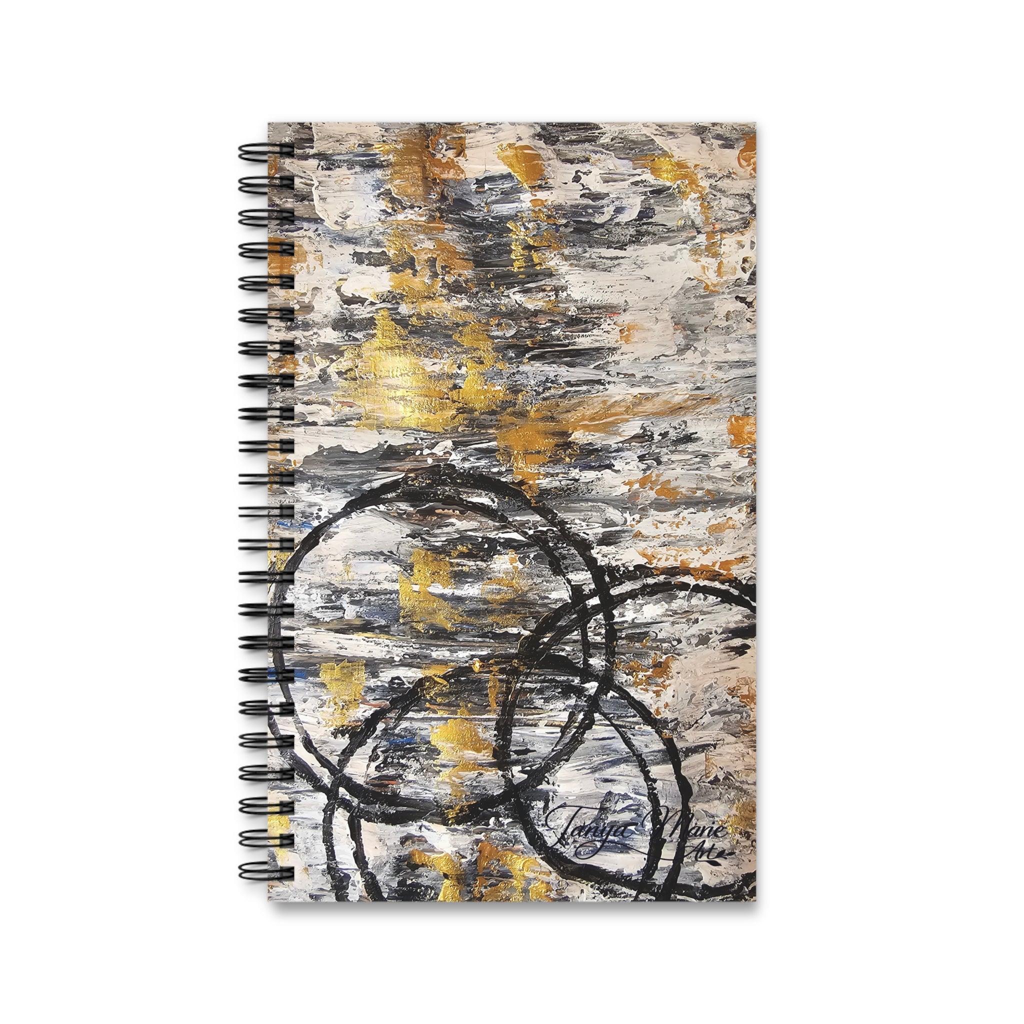 Abstract Gold & Charcoal Spiral Journal — Rustic Modern Notebook for Notes & Sketches