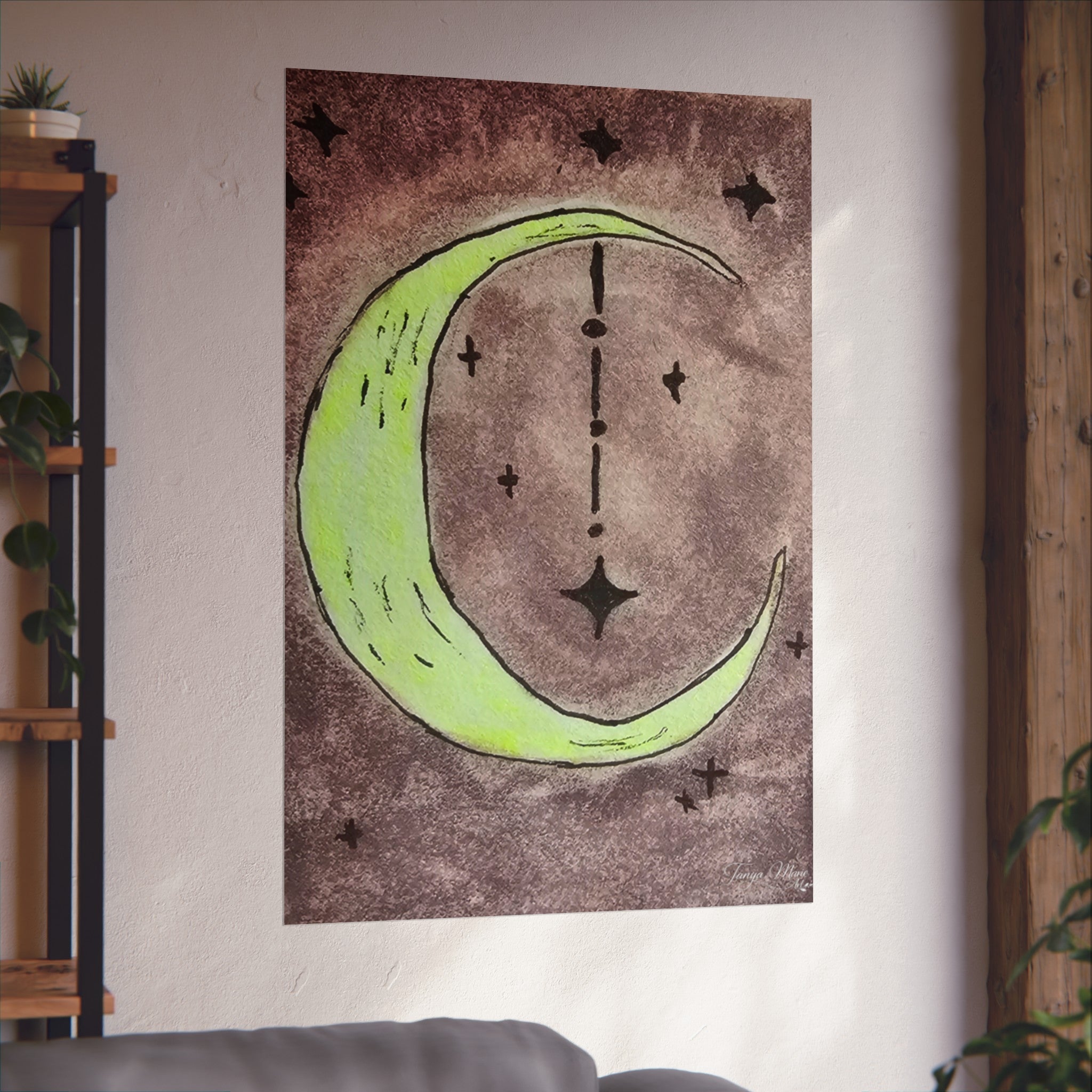 Neon crescent moon wall poster, green moon crescent on dark purple starry background