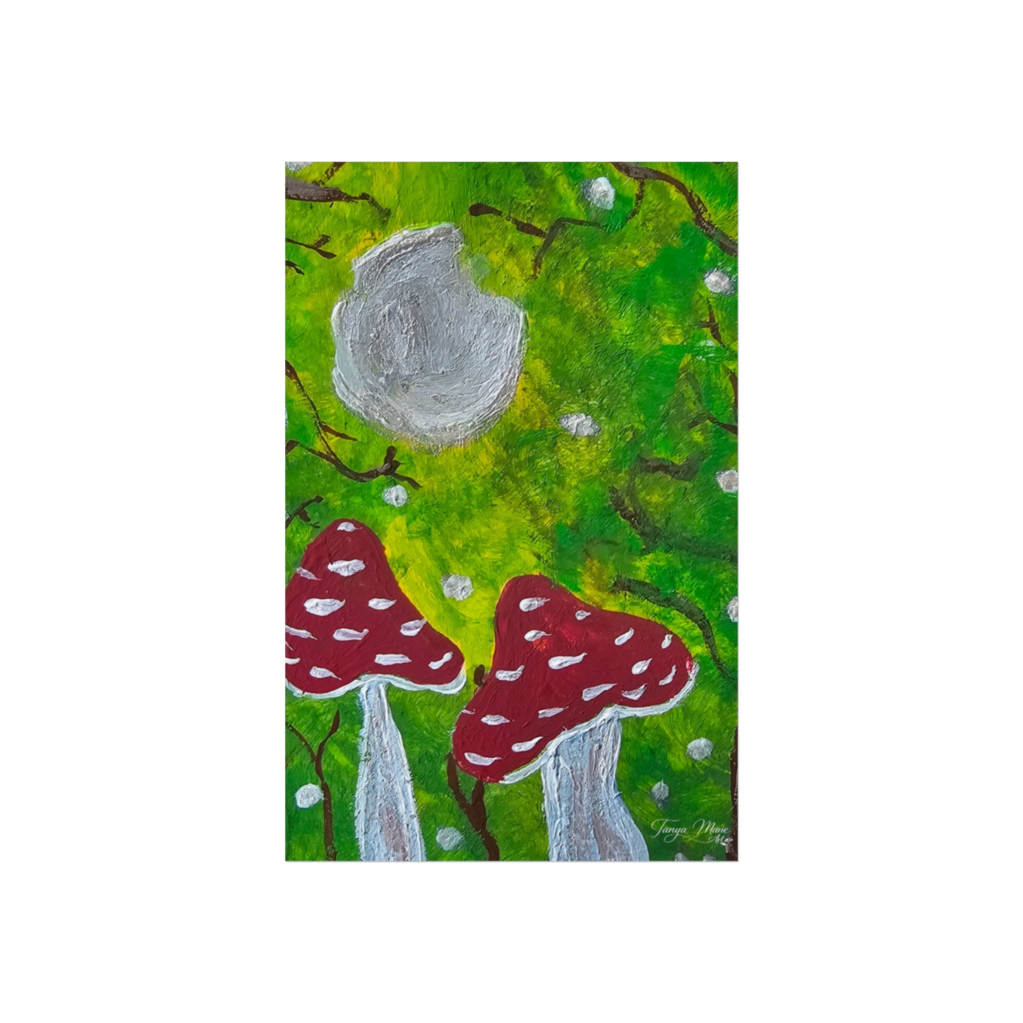 Vertical mushroom art poster with bright green background, red spotted caps, and gray mushroom.