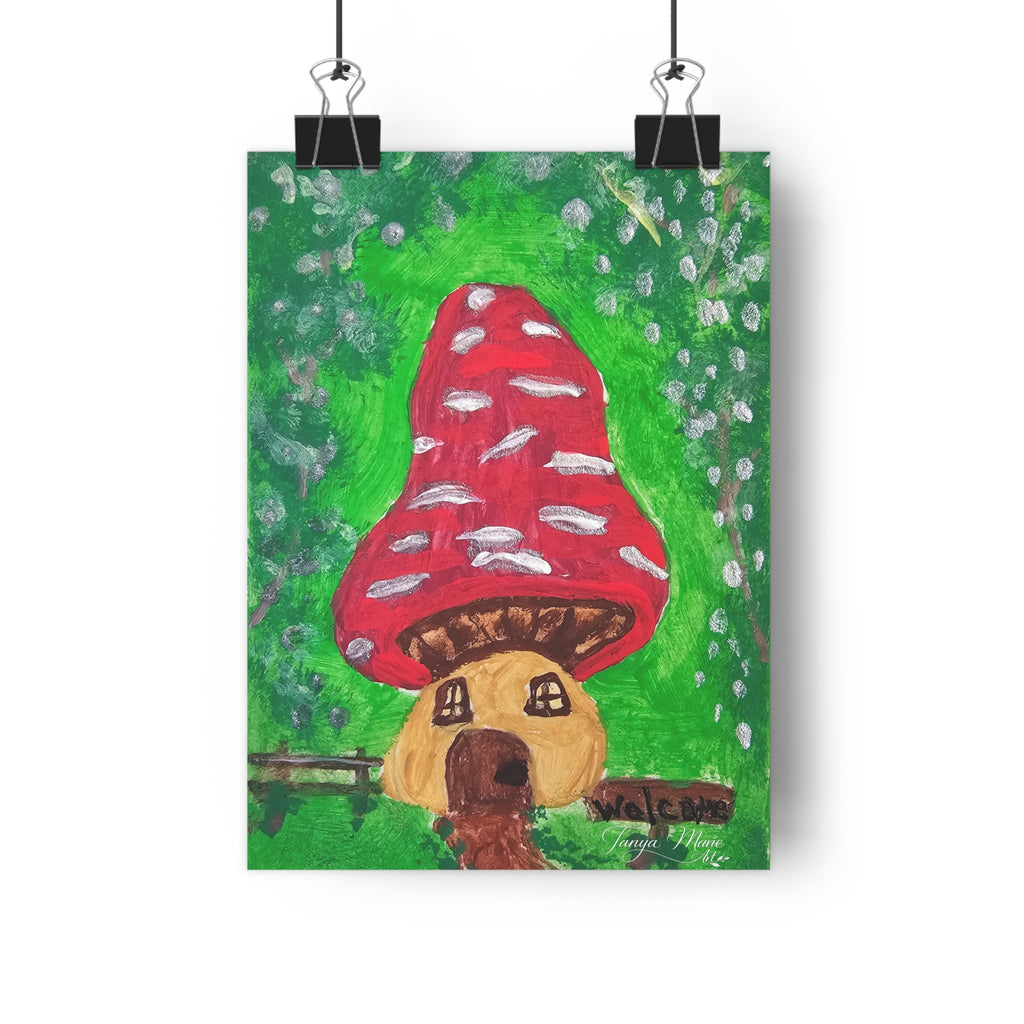 Wall art print featuring a red mushroom house and brown dog under a green background